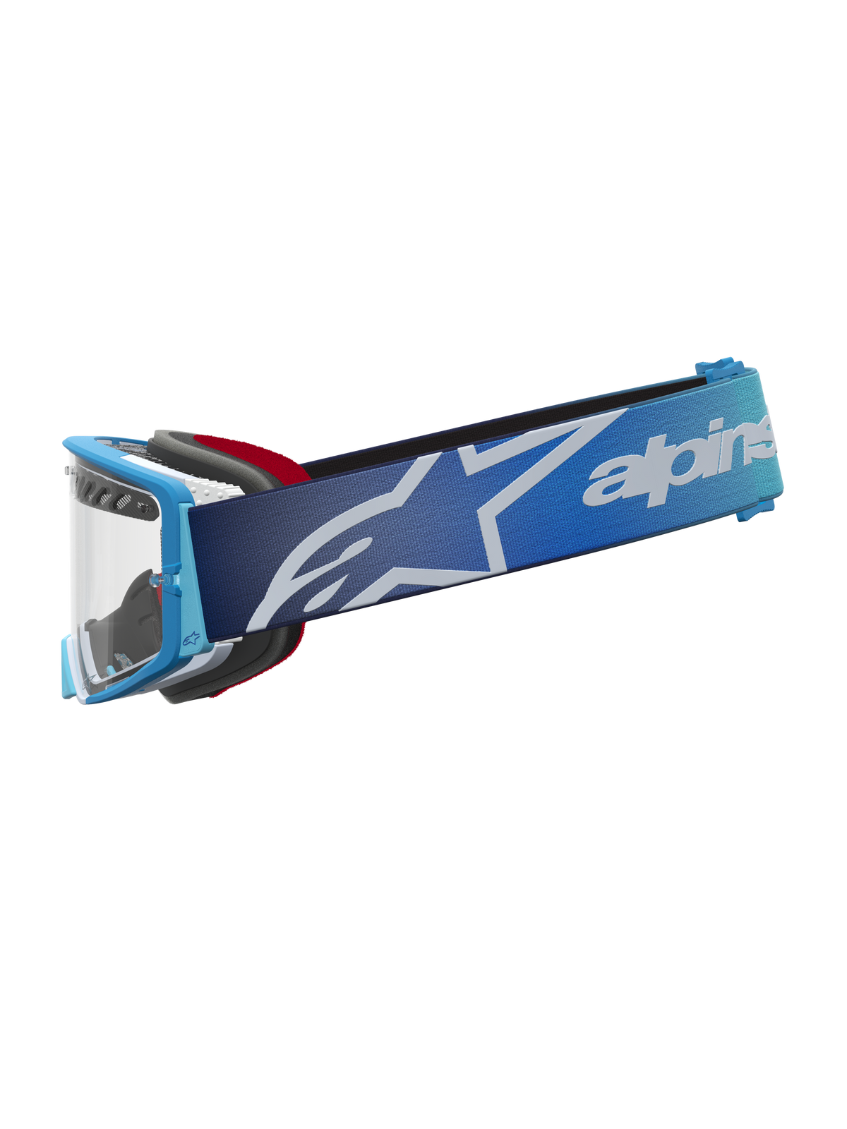 Alpinestars Masque Supertech Dura Air Fluid, masque de motocross bleu dégradé, lentille claire et sangle avec logo Astars.