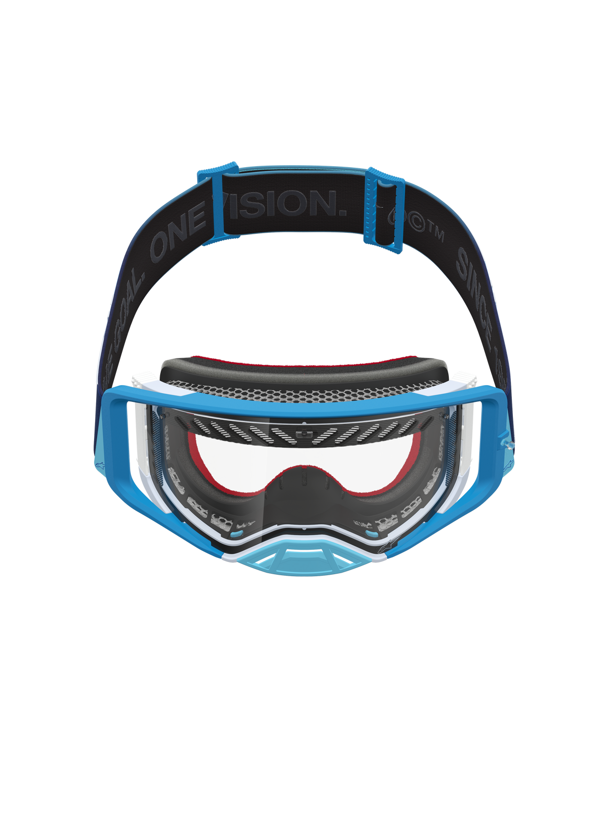Alpinestars masque Supertech Dura Air Fluid, masque de motocross bleu et blanc avec écran clair et bandeau logotypé.