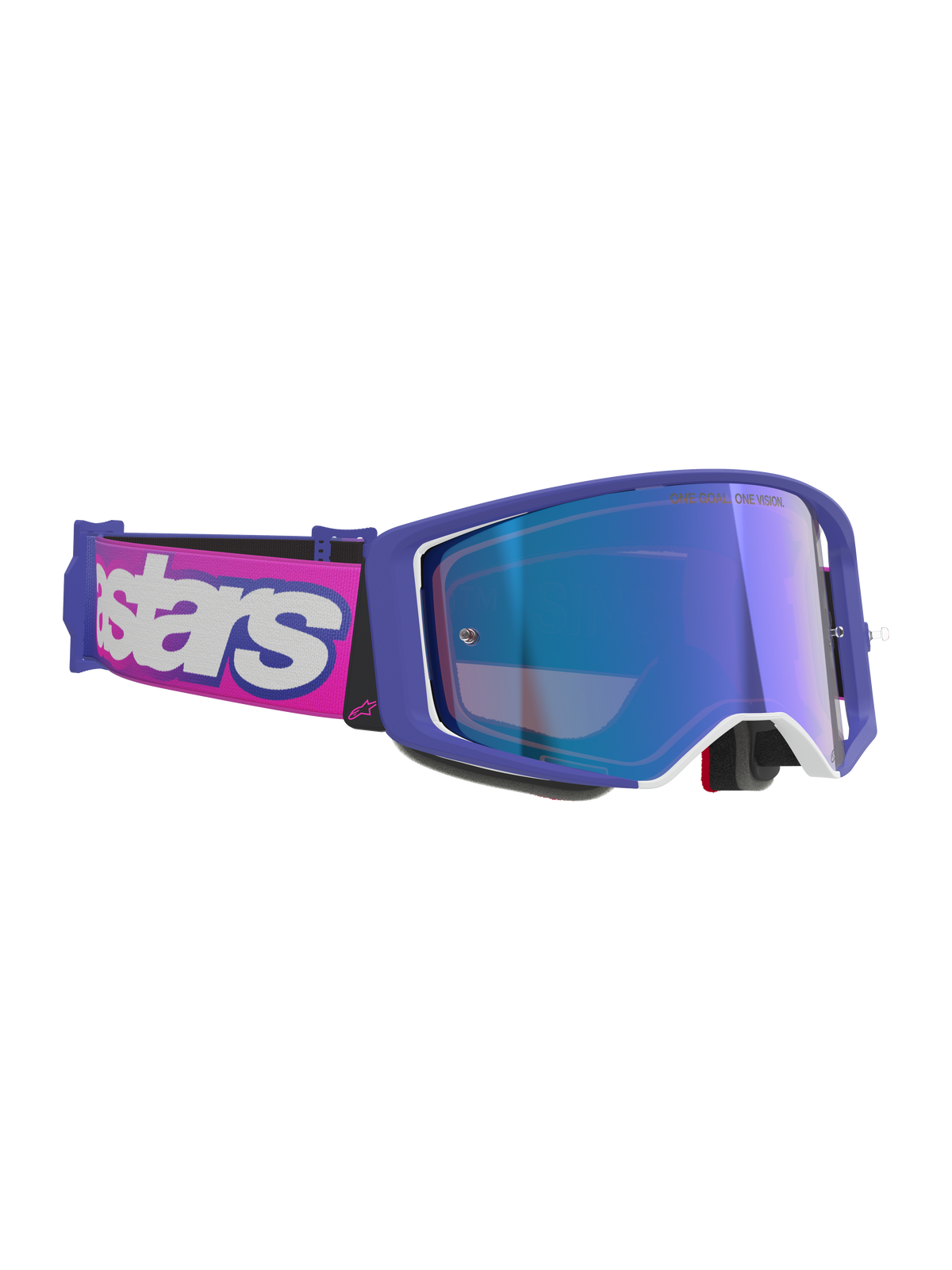 Alpinestars Supertech Vision Vista Goggles, Motocross Goggles, Purple and Fluorescent Pink frame with Mirror Blue reflective lens, pink strap with bold white Alpinestars branding, professional off-road eyewear