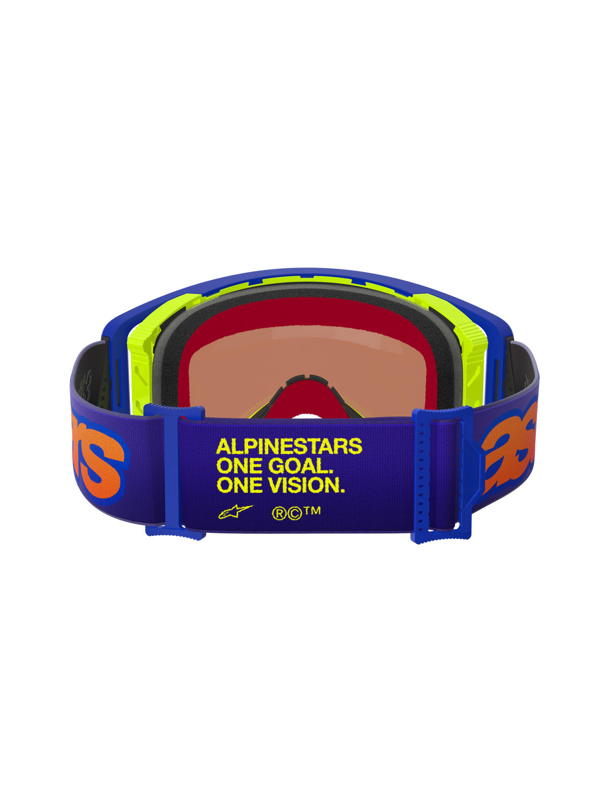 Alpinestars Supertech Vision Vista Goggles, Rear view, Purple strap with yellow "ONE GOAL. ONE VISION." text and orange logos, Blue and Neon Yellow frame, multi-layer face foam, Mirror Red tinted lens, professional motocross eyewear