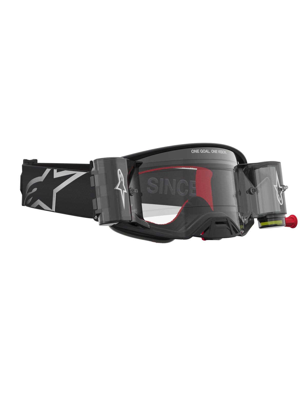 Alpinestars Supertech Firma Roll Off veiligheidsbril, motorcrossbril in zwart en zilver met helder roll-off systeem voor off-road competitie.