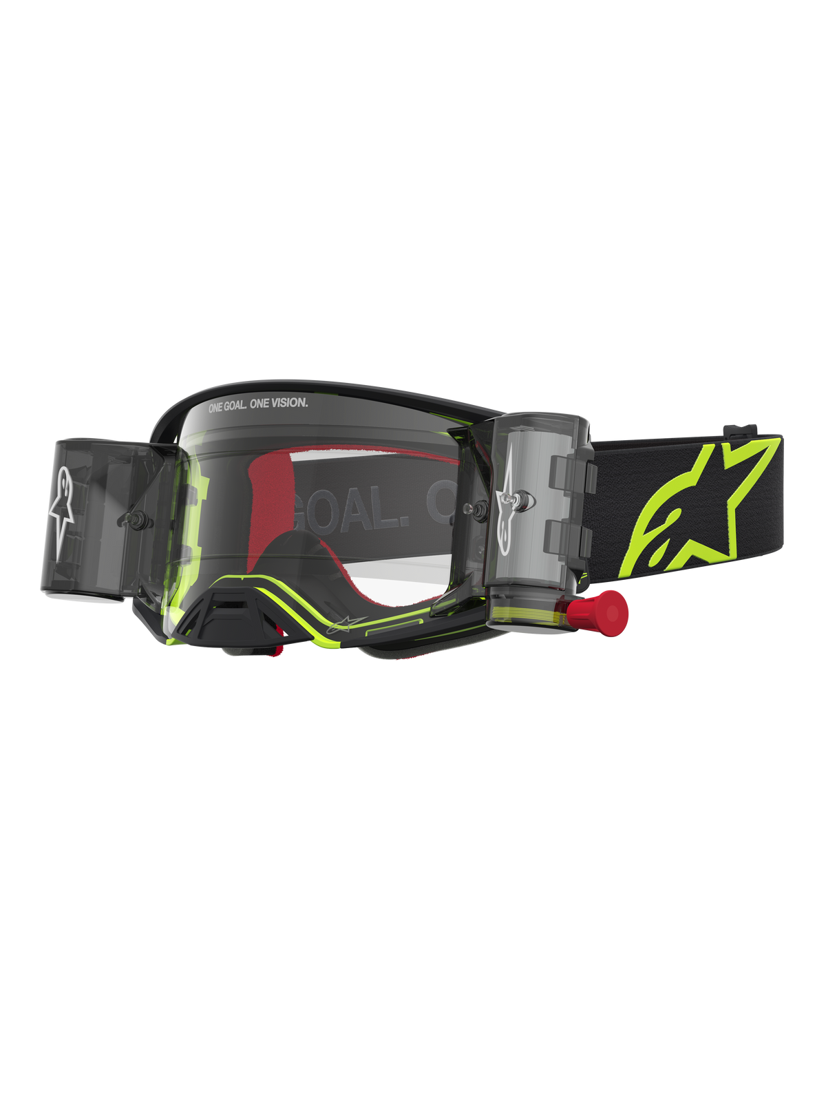 Alpinestars Supertech Firma Roll Off Veiligheidsbril, motorcrossbril in zwart en geel fluo met helder vizier en roll-off systeem voor off-road racing.