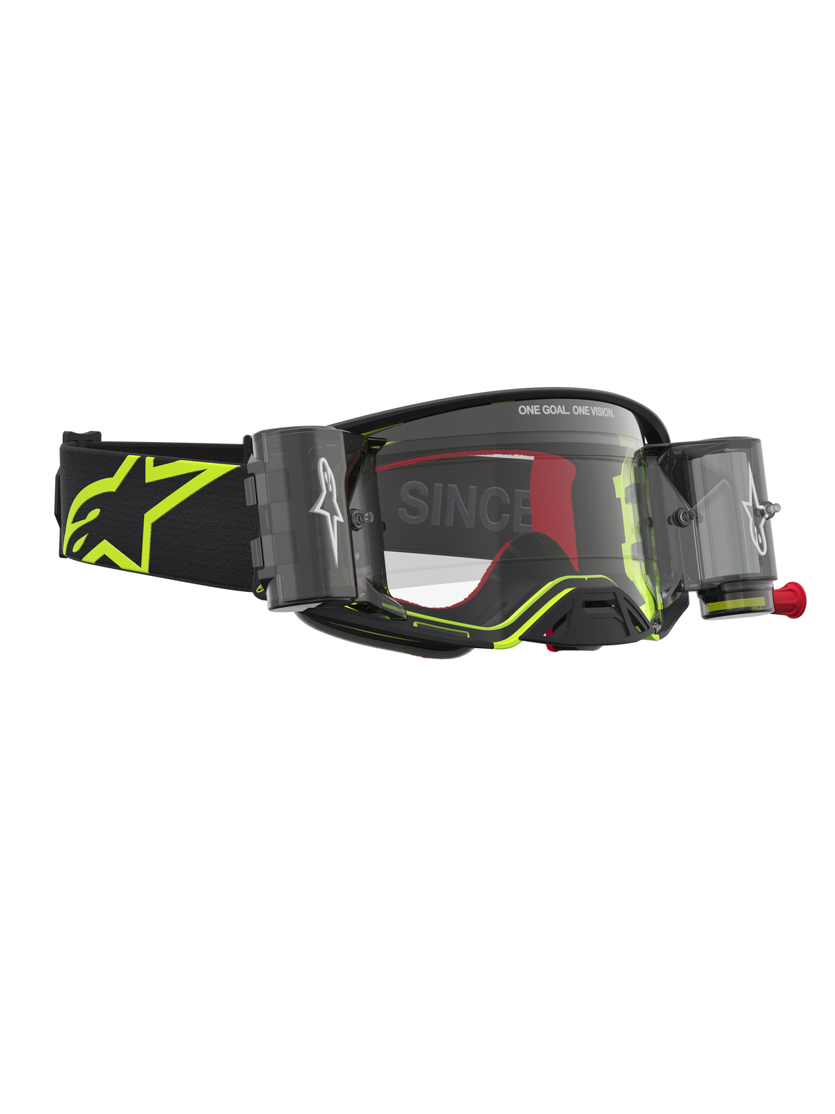 Alpinestars Supertech Firma Roll Off veiligheidsbril, professionele motocrossbril, zwart en fluorgeel, met geïntegreerd roll-off systeem.