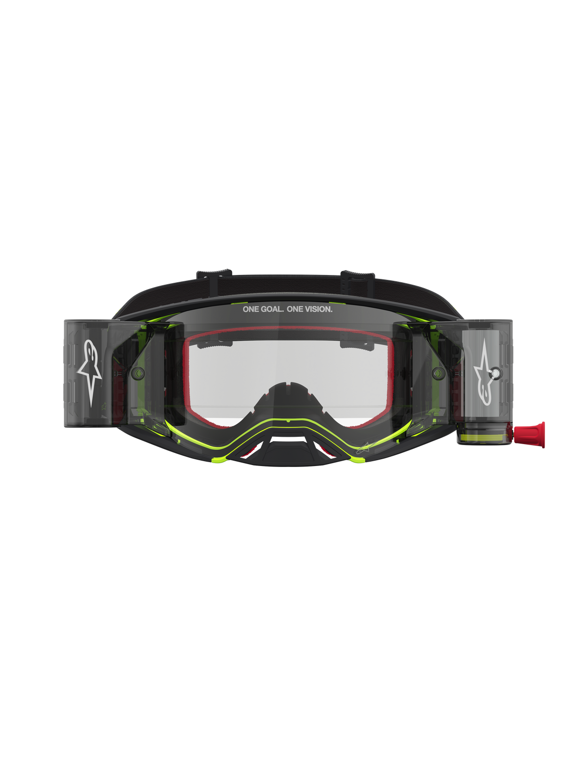 Alpinestars Supertech Firma roll-off veiligheidsbril voor motocross, zwart en fluo geel, voorzien van een heldere beschermende lens en geïntegreerd roll-off systeem voor optimaal zicht in modderige omstandigheden.