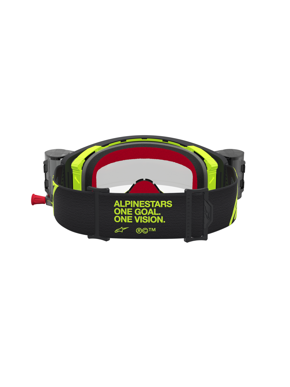 Alpinestars Supertech Firma Roll Off veiligheidsbril, zwart en geel fluo motorcrossbril met brede merkband, achteraanzicht.
