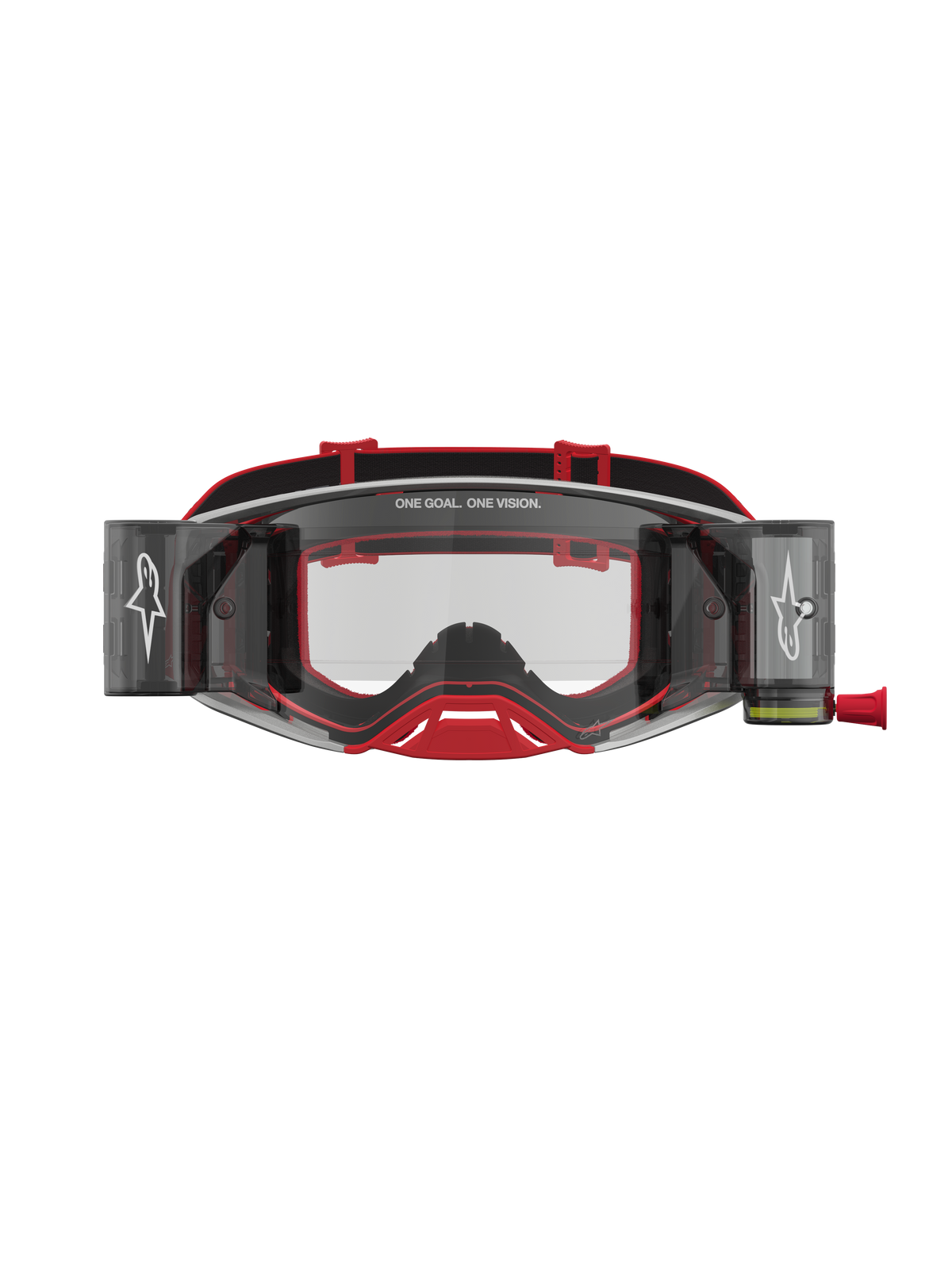 Alpinestars Supertech Firma Roll Off veiligheidsbril, rood en zilver, motorcrossbril met heldere lens en roll-off systeem.