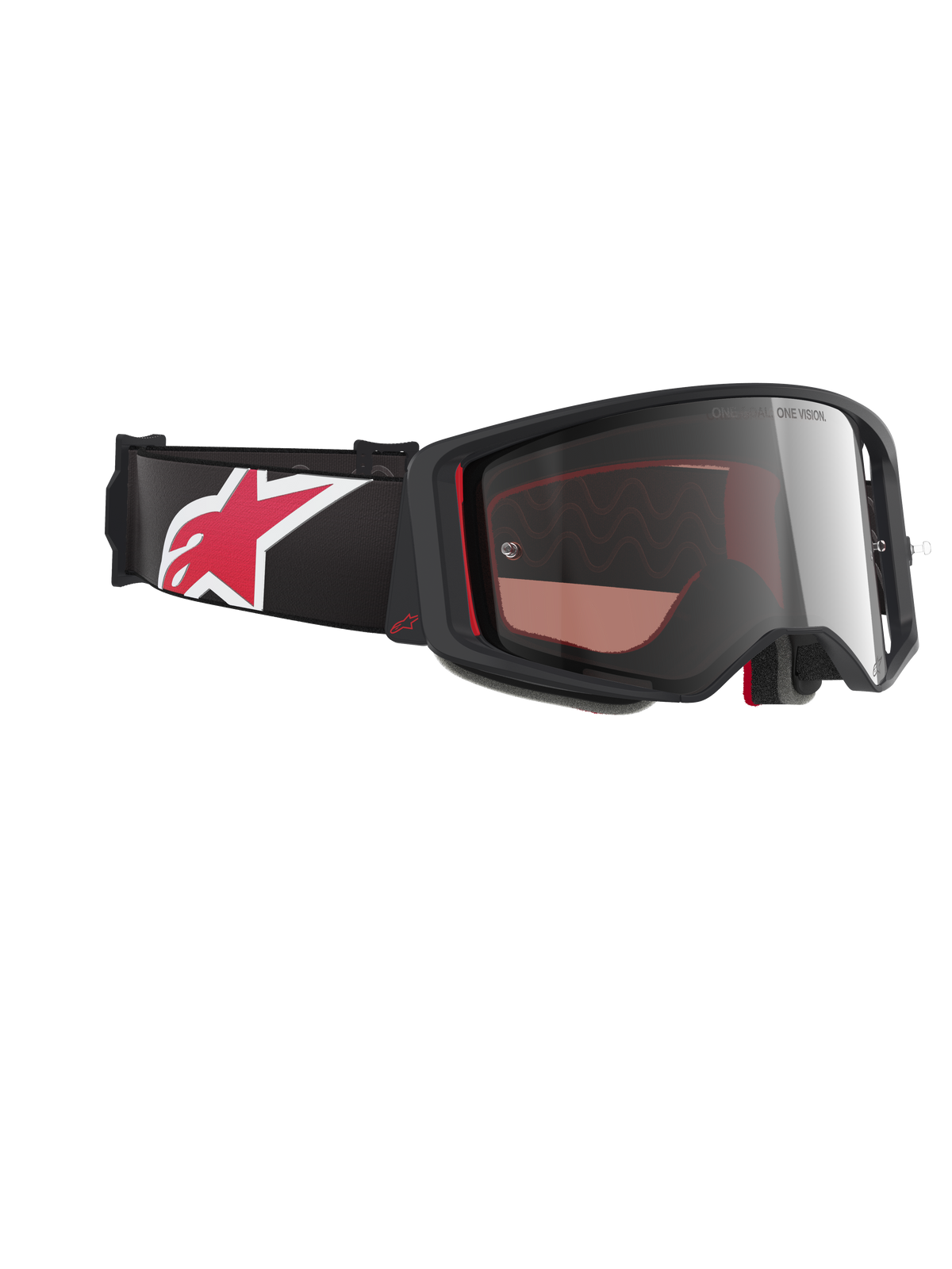 Alpinestars Supertech Corp Goggles Absolute Vision, Motocross Goggles, Black and Red with Mirror Silver Lens, angled profile showing black strap with large red and white star logo, sleek frame design for off-road performance