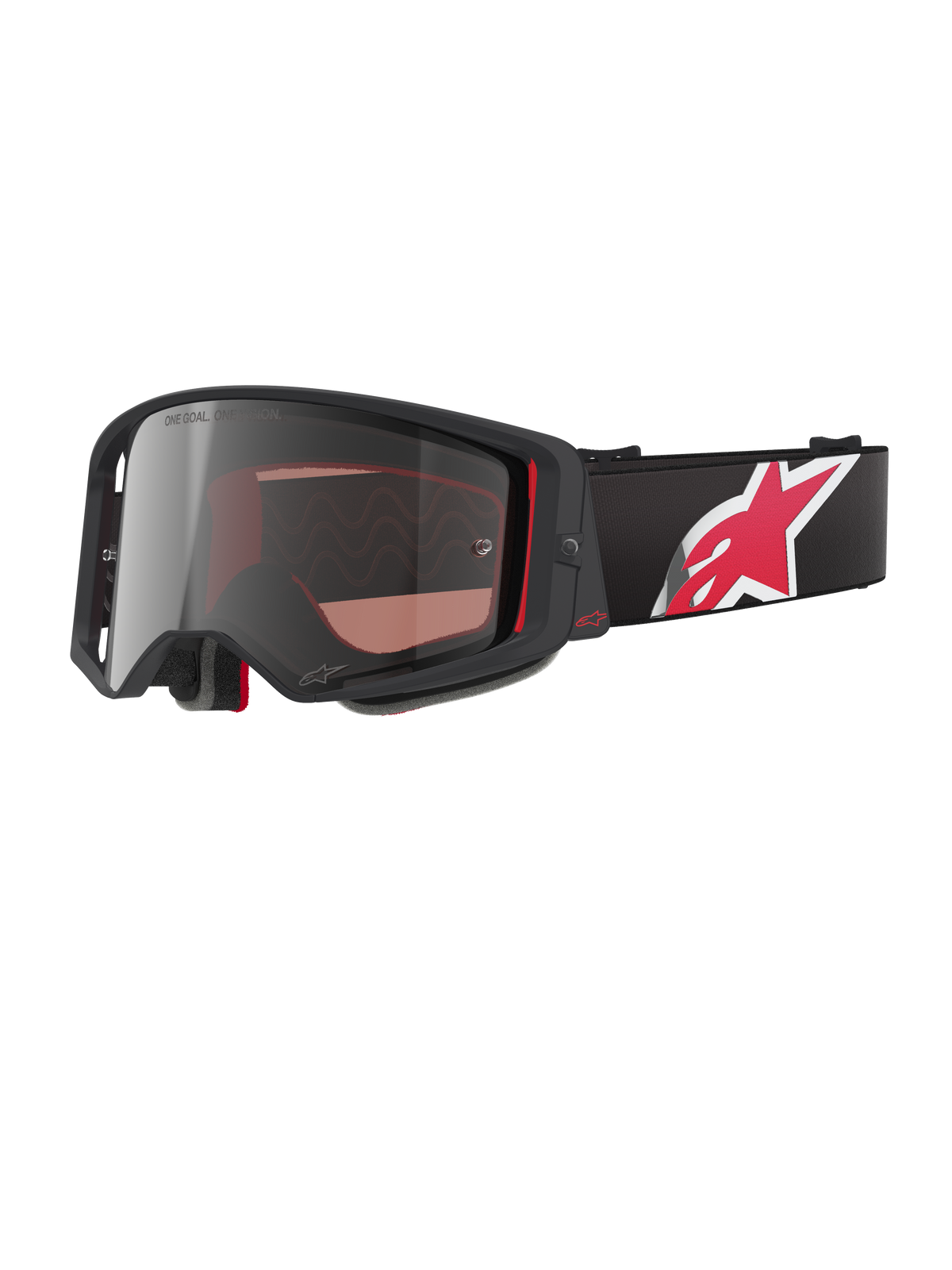 Alpinestars Supertech Corp Goggles Absolute Vision, Motocross Goggles, Black and Red with Mirror Silver Lens, featuring "ONE GOAL. ONE VISION." branding, black strap with large red and white star logo, angular frame design with foam padding, premium off-road eye protection