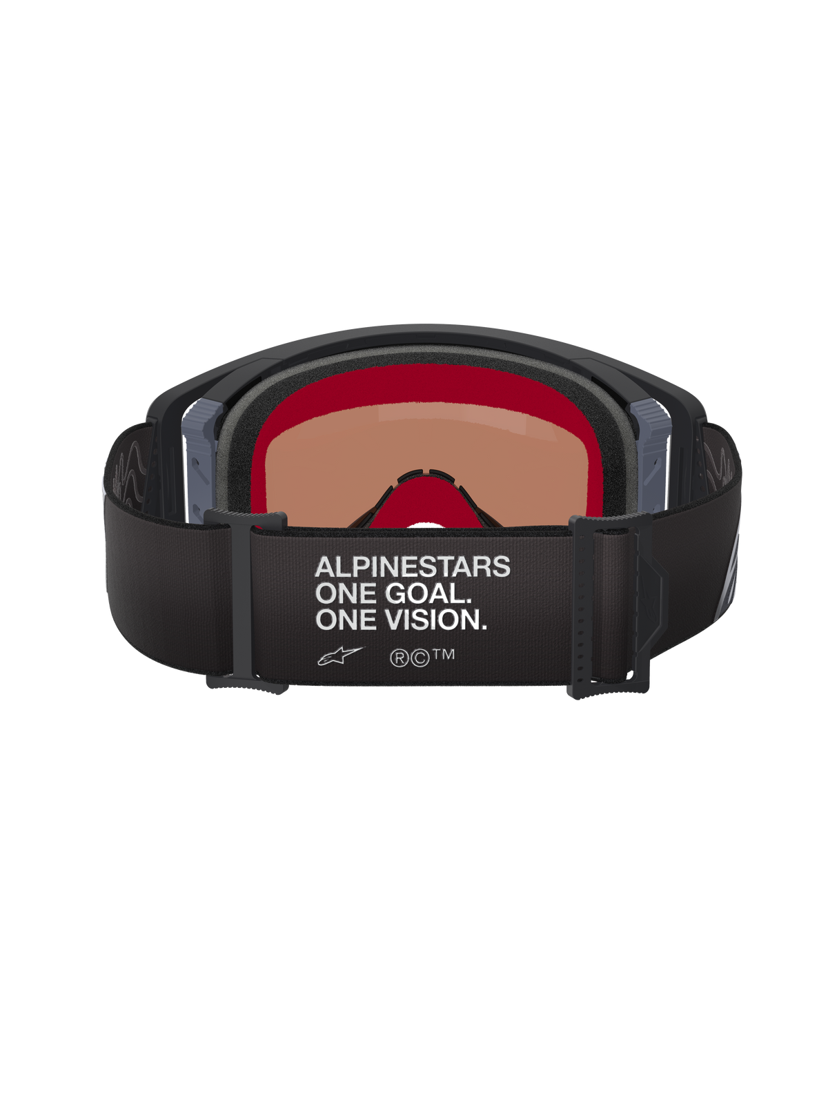 Alpinestars Supertech Corp Goggles Absolute Vision, Motocross-Brille, Schwarz und Grau, Rückansicht mit schwarzem, verstellbarem Band mit weißem „ALPINESTARS ONE GOAL. ONE VISION.“ Schriftzug, warm getönte Scheibe und mehrlagiger Gesichtsschaum.