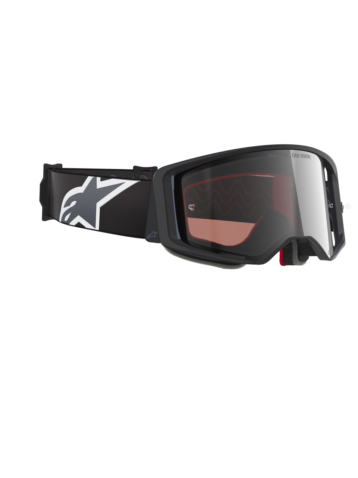 Alpinestars Supertech Corp Goggles Absolute Vision, Motocross-Brille, schwarz-grauer Rahmen mit verspiegelten silbernen Gläsern, breites schwarzes Band mit weiß-grauem Astars-Logo, Performance-Brille für Offroad-Rennsport.