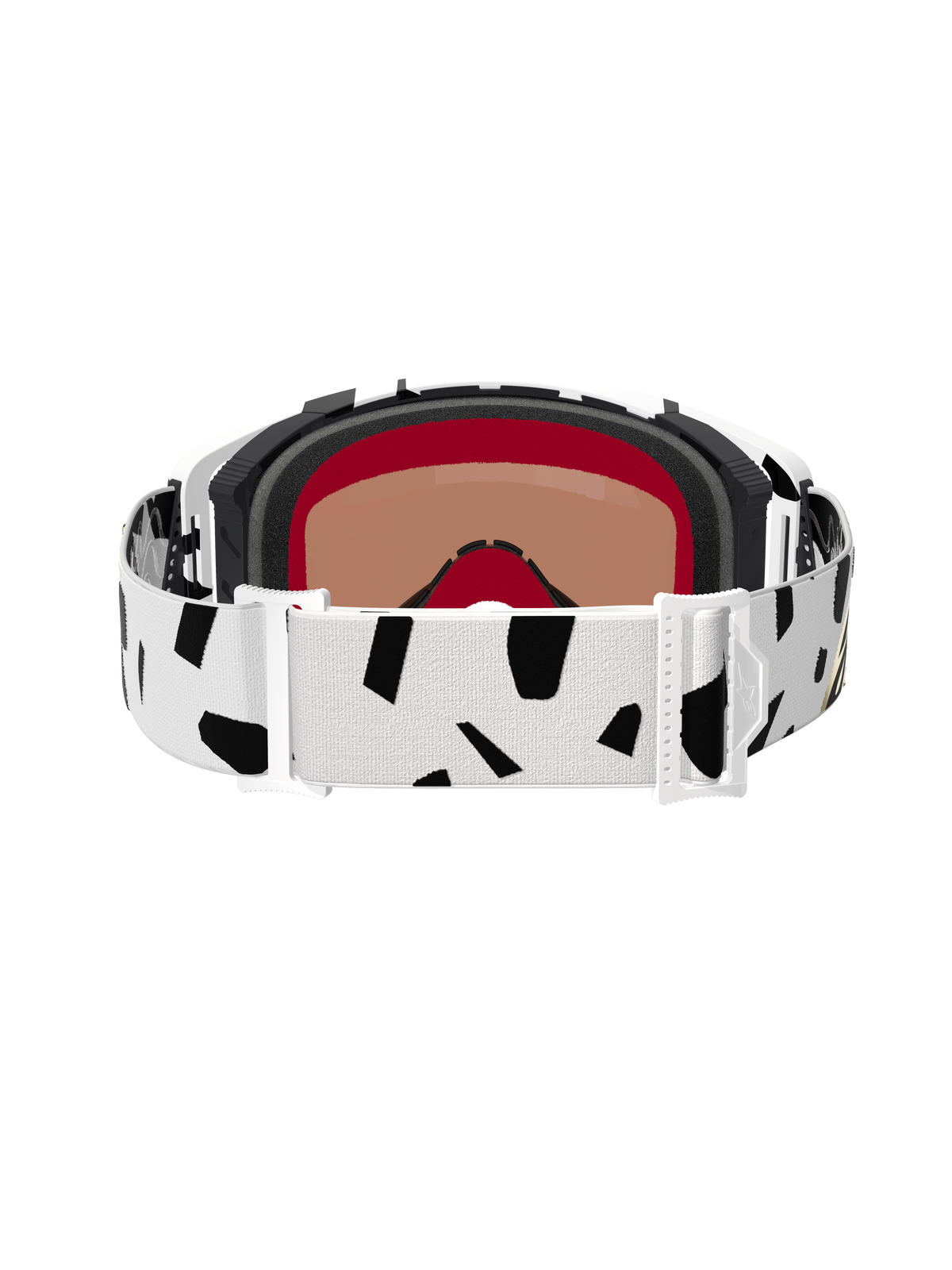 Vue arrière des lunettes Alpinestars Supertech Corp Absolute Vision, White Gold Mirror Gold, dotées d'un bandeau blanc aux motifs abstraits noirs, de boucles de réglage blanches et d'une mousse faciale multicouche pour le motocross et le tout-terrain.