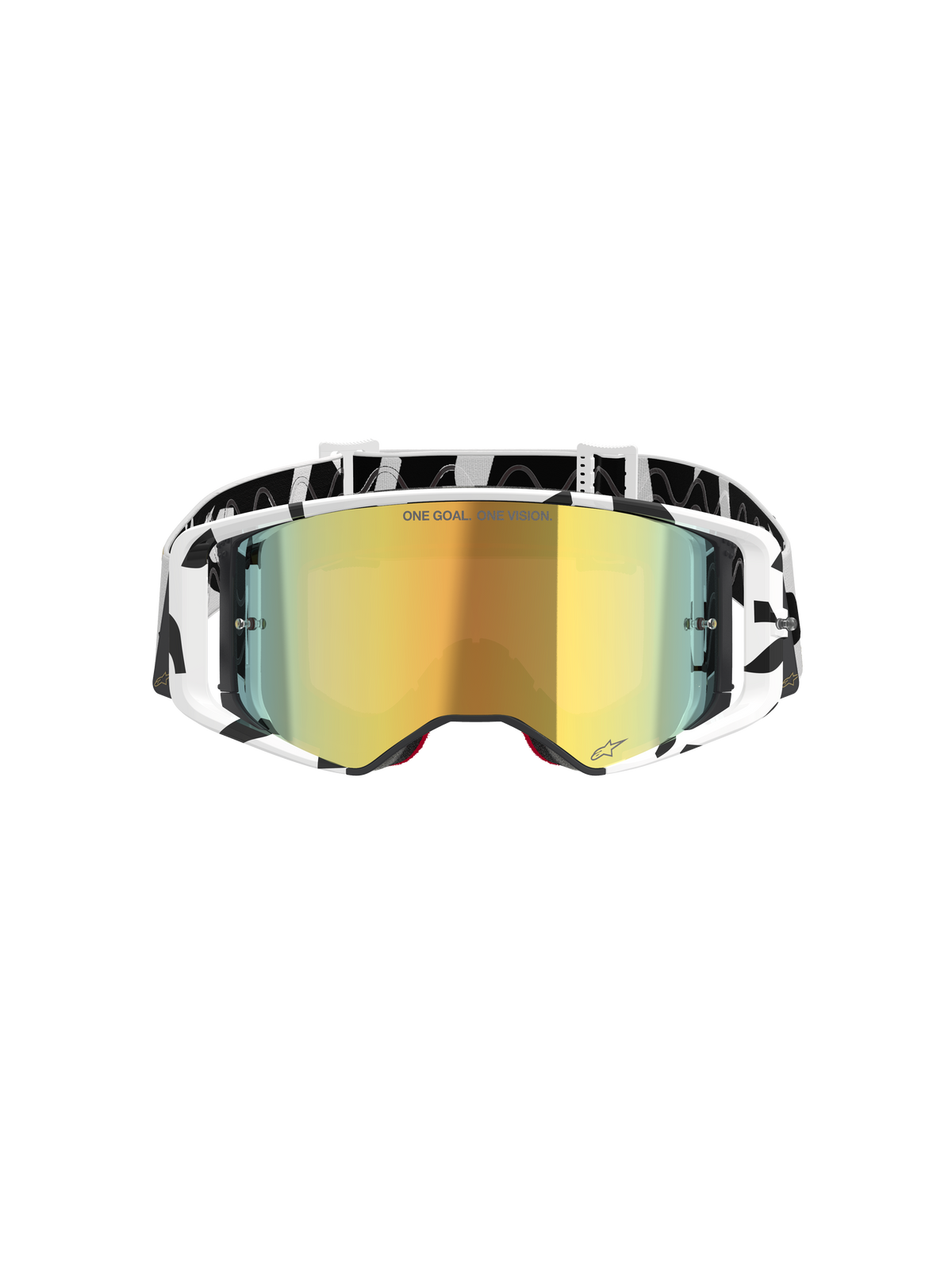 Alpinestars Supertech Corp Goggles Absolute Vision, masque de motocross, blanc et miroir doré, doté d'une monture et d'un bandeau à motifs graphiques noir et blanc, écran miroir doré avec le texte 'ONE GOAL. ONE VISION.', lunettes tout-terrain haute performance