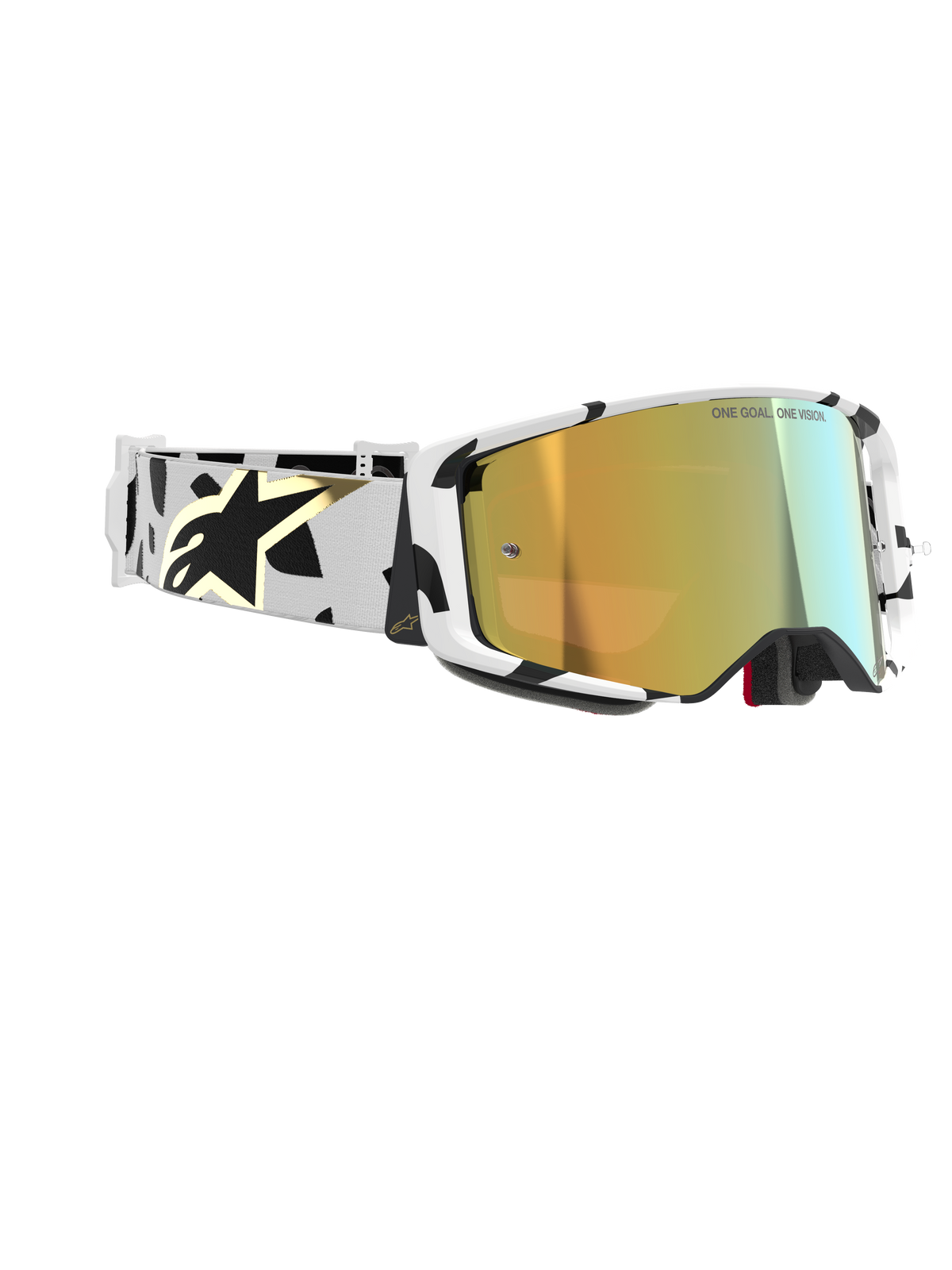 Masque Alpinestars Supertech Corp Absolute Vision, lunettes de motocross, monture blanche avec motifs graphiques noirs, écran miroir doré, bandeau blanc et noir avec logo Alpinestars doré, protection oculaire haute performance pour la course.
