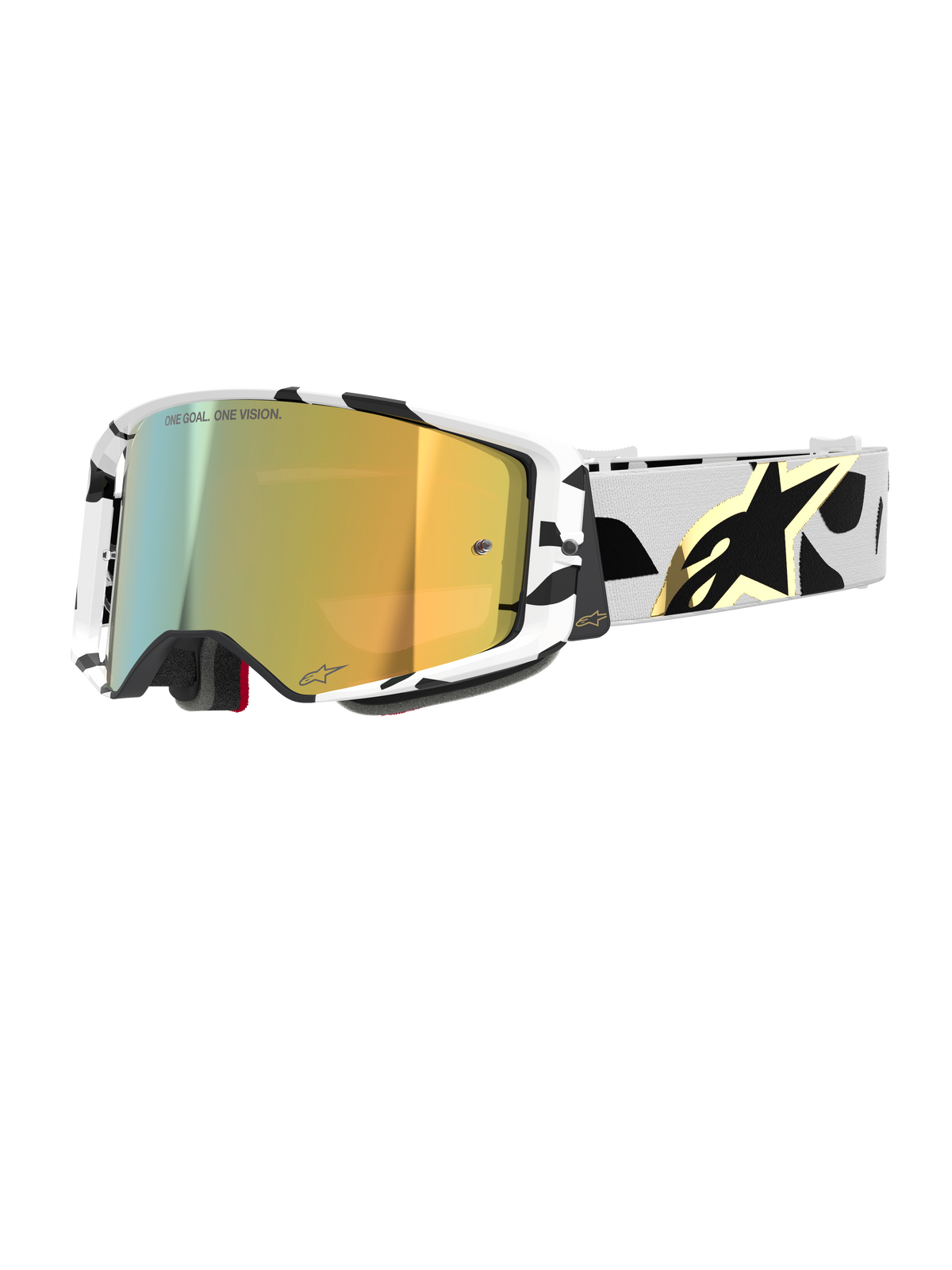 Alpinestars Supertech Corp Goggles Absolute Vision, lunettes de motocross, monture à motifs noirs et blancs avec écran miroir doré, sangle large avec motif abstrait noir et logo Alpinestars doré, marquage "ONE GOAL. ONE VISION." sur l'écran, équipement de course haute performance.