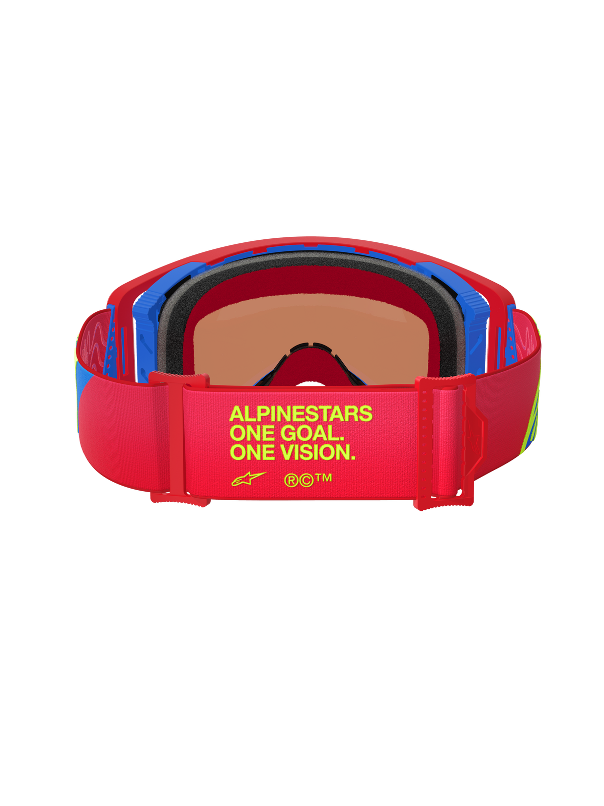 Alpinestars Supertech Corp Goggles Absolute Vision, achteraanzicht, rood en blauw frame, rode elastische band met gele 'One Goal. One Vision.' tekst, meerlaags zwart gezichtsschuim, hoogwaardige motorcrossbril