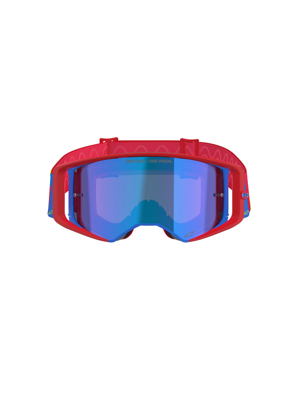 Alpinestars Supertech Corp Goggles Absolute Vision, motorcrossbril, rood en blauw met Mirror Blue lens, met een opvallend rood frame met blauwe accenten, rode band met patroon en 'ONE GOAL... ONE VISION.' tekst op de lens.