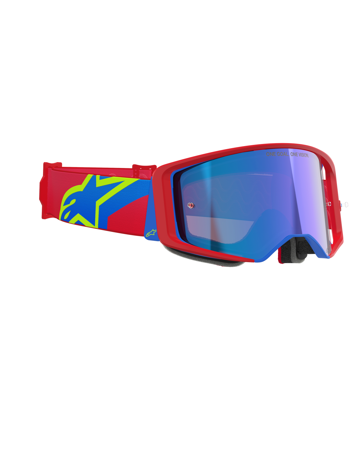 Alpinestars Supertech Corp Goggles Absolute Vision, motorcrossbril, rood en blauw montuur met Mirror Blue lens, rode en blauwe band met een geel Alpinestars sterlogo, professionele off-road racebril