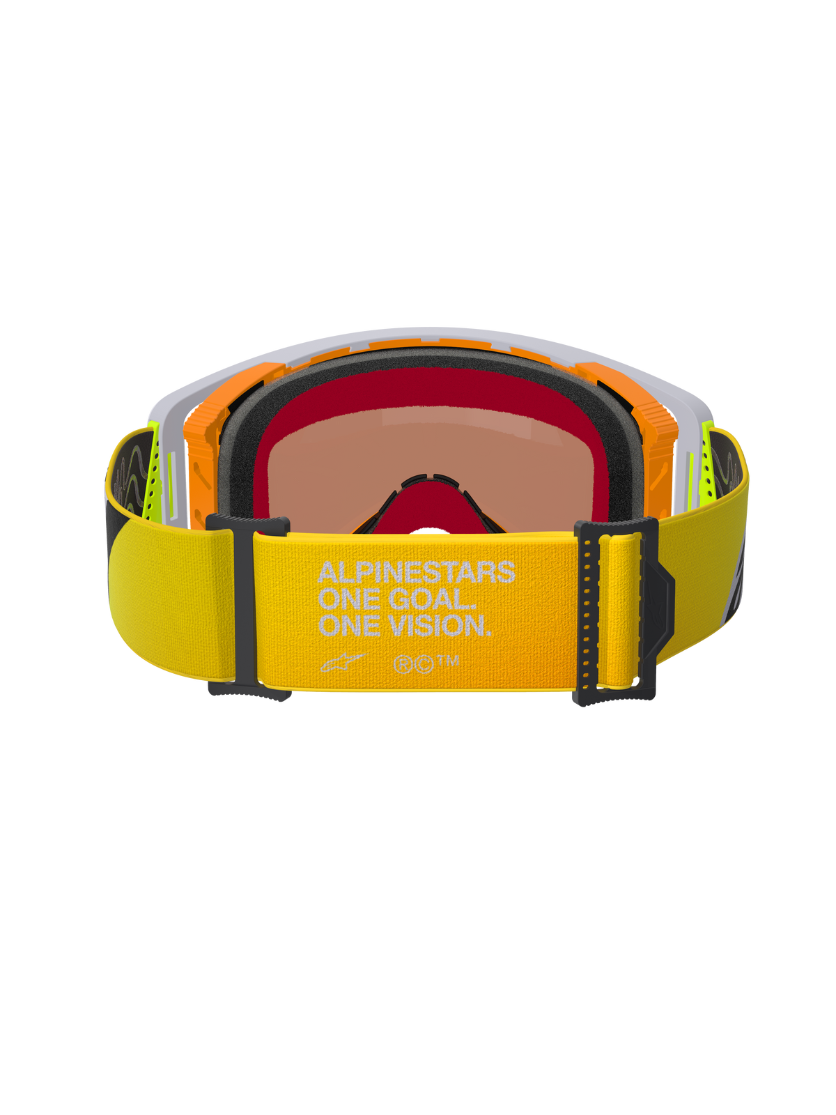 Alpinestars Supertech Corp Goggles Absolute Vision, vue arrière, bandeau jaune fluo avec l'inscription « ALPINESTARS ONE GOAL. ONE VISION. », monture orange et grise avec mousse faciale multicouche noire, écran miroir teinté chaud, lunettes de motocross haute performance