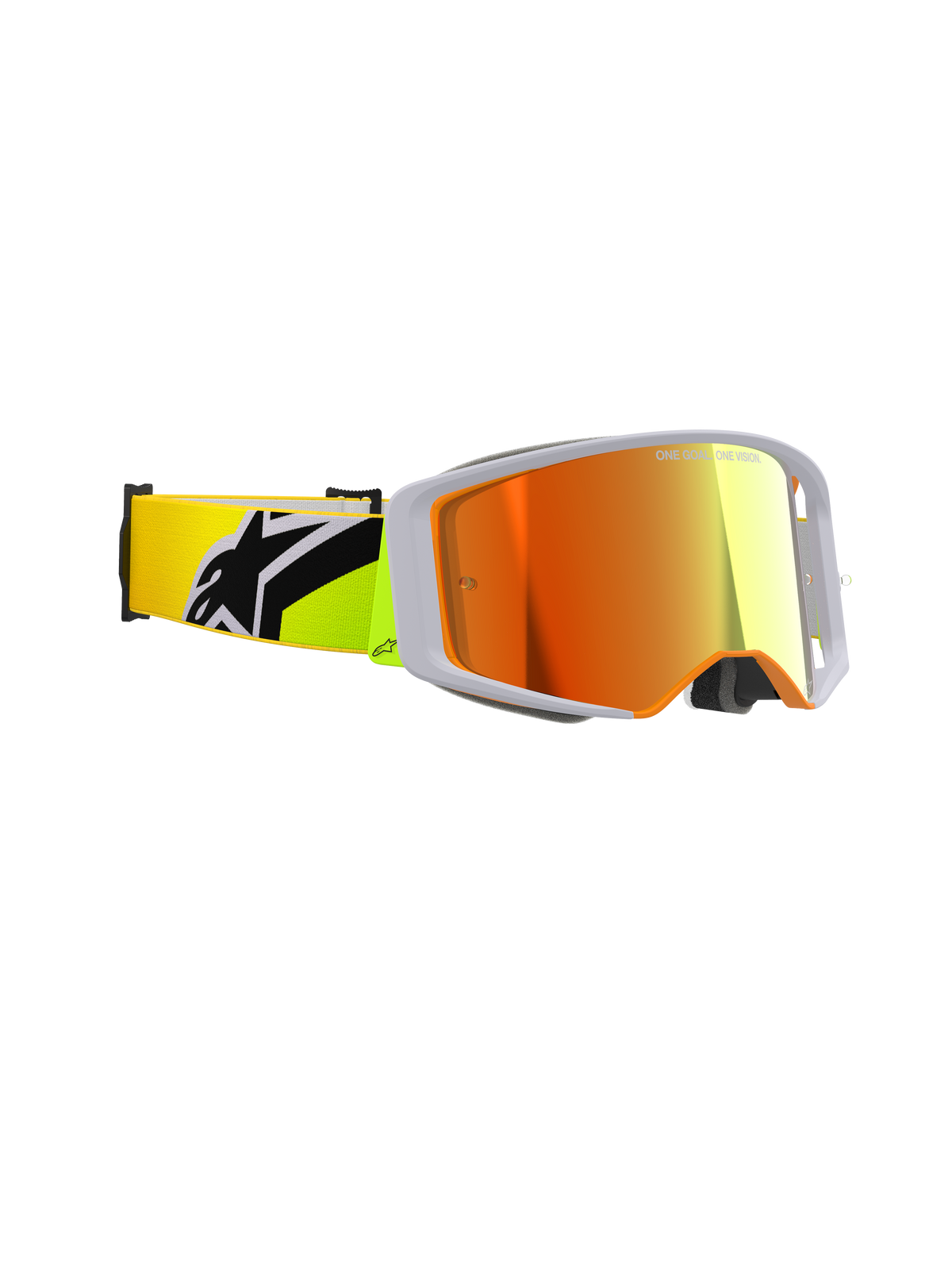 Alpinestars Supertech Corp Goggles Absolute Vision, masque de motocross, jaune fluo et gris, écran rouge miroir, vue latérale offrant une vision périphérique large et un bandeau jaune fluo avec un logo Alpinestars noir imposant, équipement de course tout-terrain professionnel.