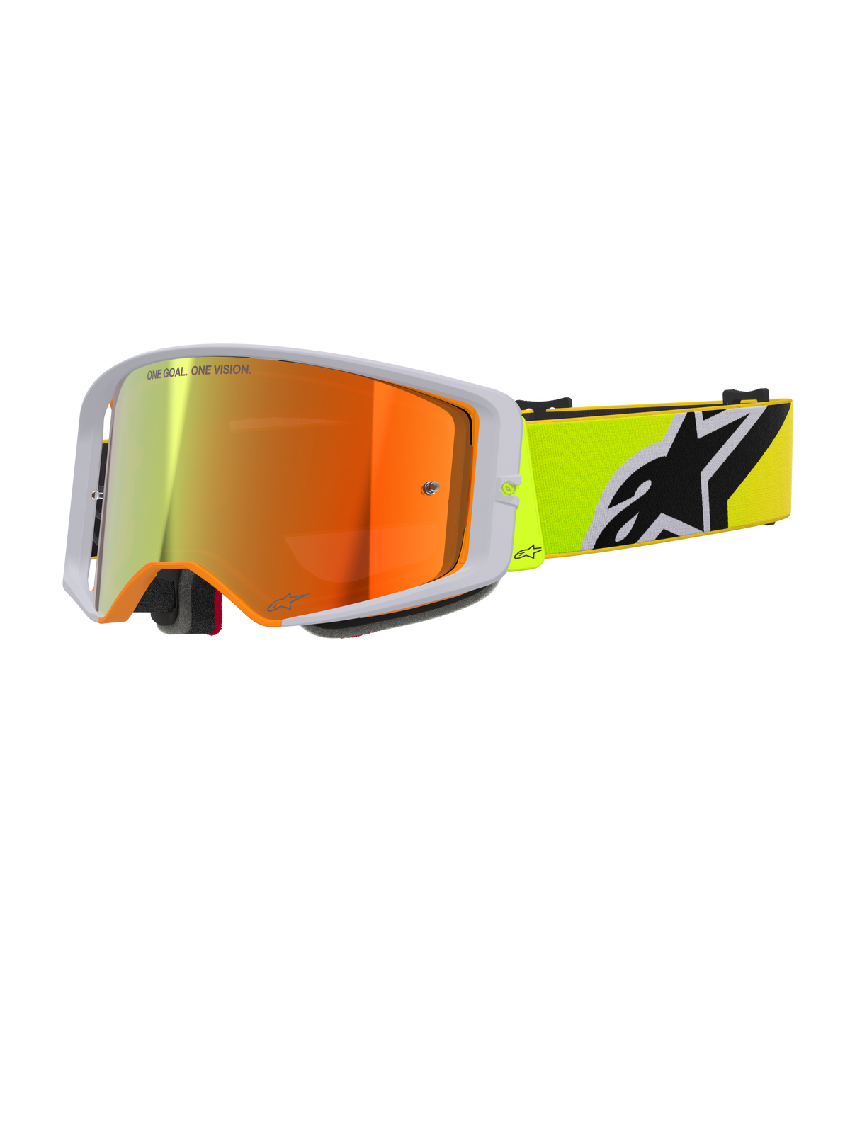 Masque Alpinestars Supertech Corp Absolute Vision, masque de motocross, jaune fluo et gris, écran miroir rouge avec inscription « One Goal. One Vision. », bandeau jaune fluorescent avec logo Alpinestars noir et blanc, lunettes tout-terrain haute performance