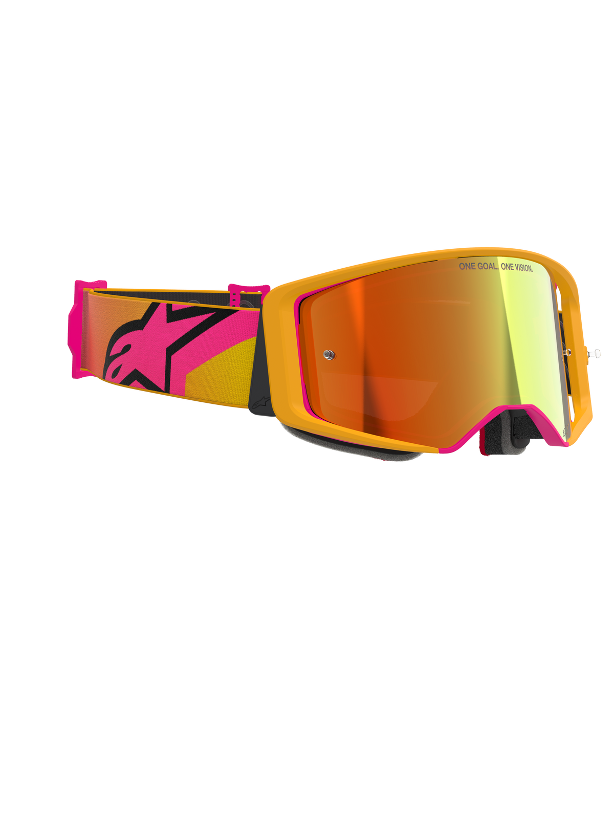 Alpinestars Supertech Corp Goggles Absolute Vision, motorcrossbril, geel met roze accenten en Mirror Red lens, voorzien van een brede roze en gele band met een groot Alpinestars-logo, 'ONE GOAL. ONE VISION.' gedrukt op de lens, hoogwaardige racebril voor off-road gebruik