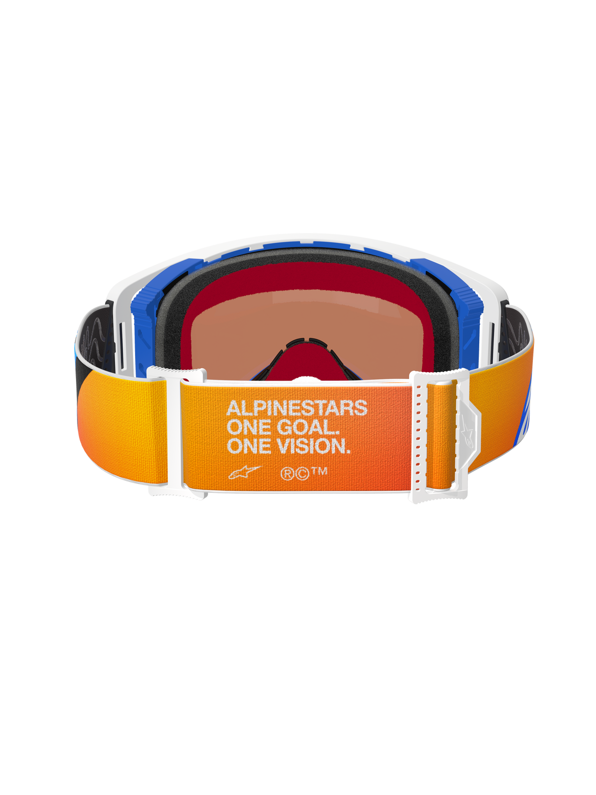Alpinestars Supertech Corp Goggles Absolute Vision, Rear view featuring an orange and yellow gradient strap with white 'ALPINESTARS ONE GOAL. ONE VISION.' branding, blue and white frame components, black multi-layer face foam, and warm-tinted lens