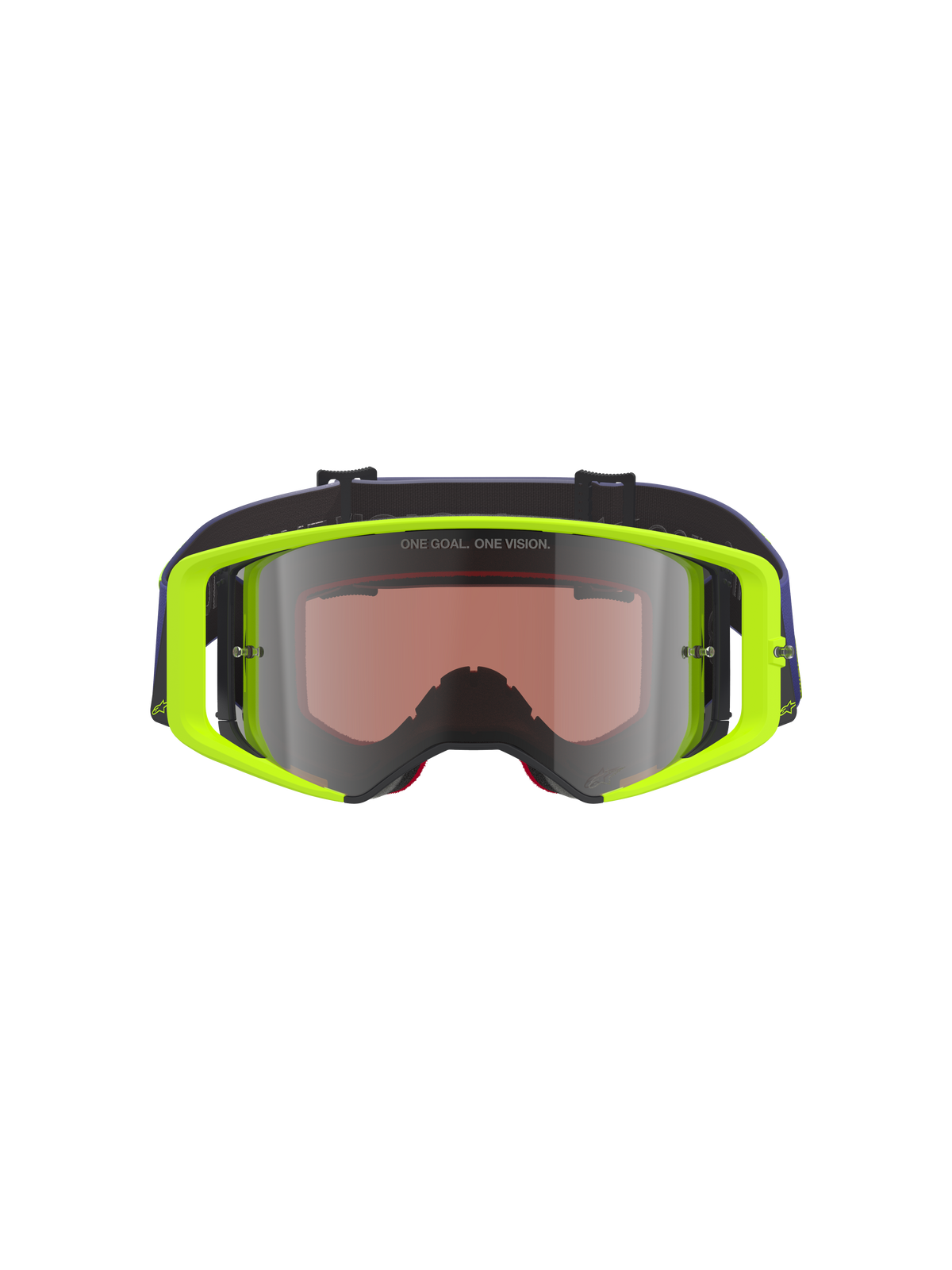 Alpinestars Supertech Vision Corp Brille, Motocross-Brille, neongelber Rahmen mit violettem Band, silber verspiegelte Gläser mit 'ONE GOAL. ONE VISION.' Text, hochleistungsfähiger Augenschutz für den Offroad-Rennsport