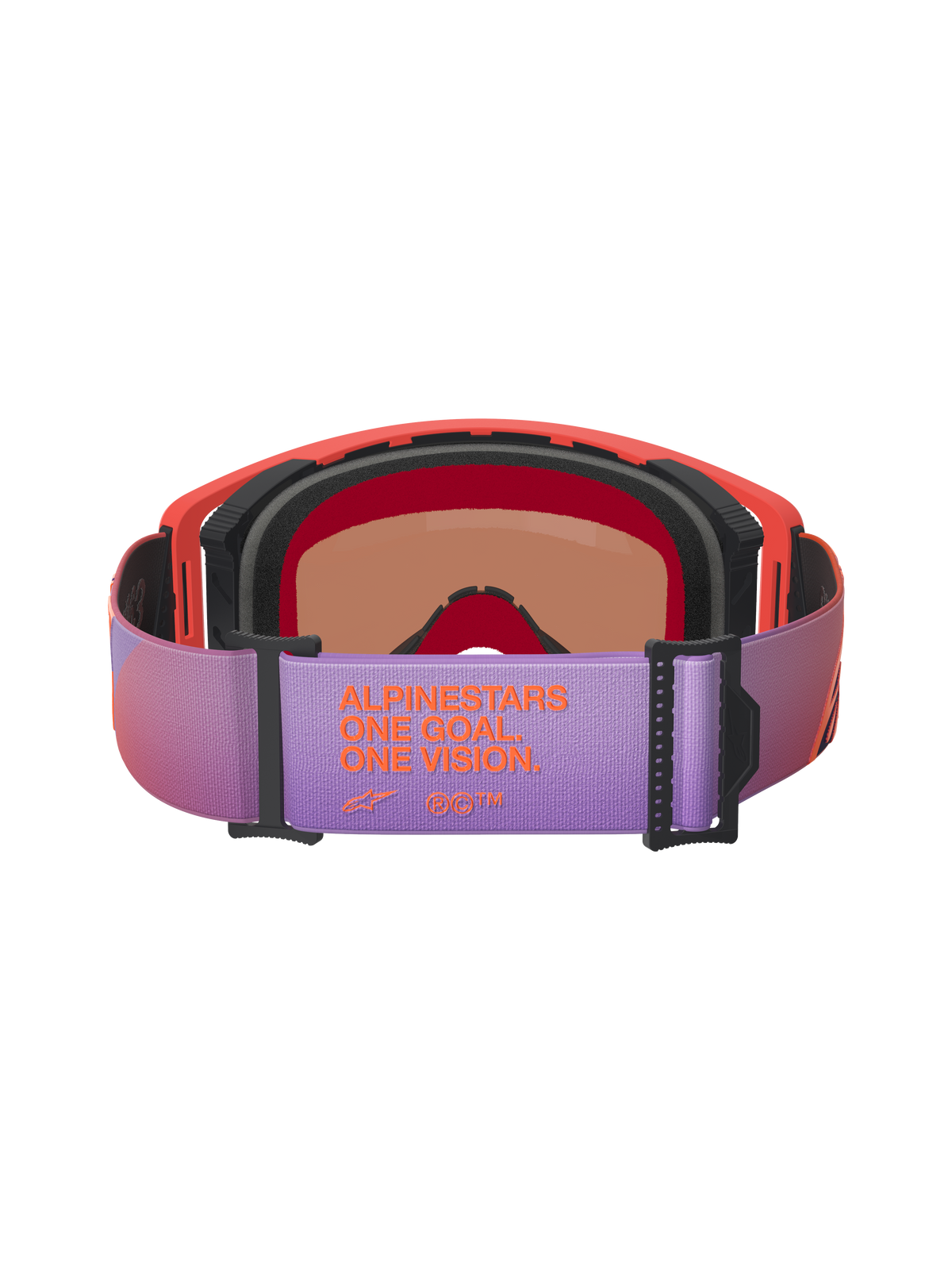 Alpinestars Supertech Vision Corp Schutzbrille, Motocross-Brille, Rückansicht mit violettem verstellbarem Band und orangefarbenem 'ALPINESTARS ONE GOAL ONE VISION' Branding, Hot Coral Rahmen mit schwarzem Schaumstoff, Hochleistungs-Brille für den Offroad-Rennsport