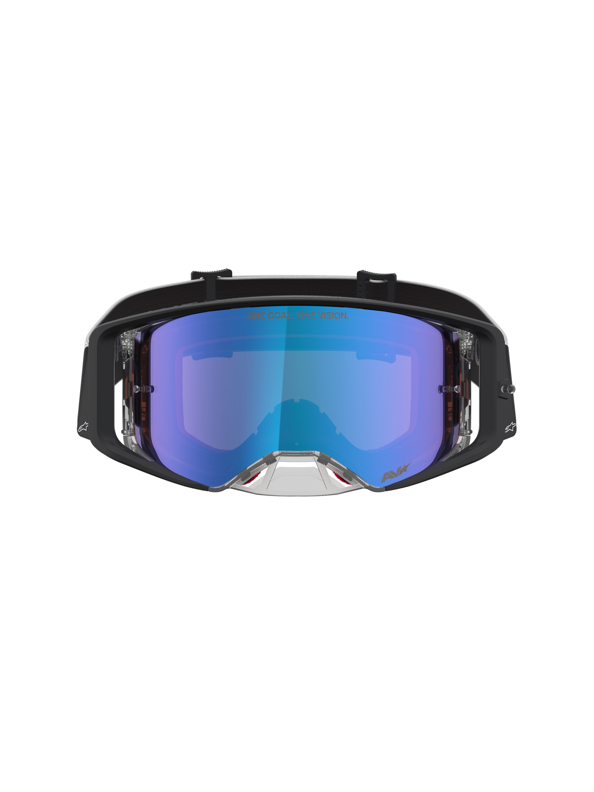 Masque Alpinestars Supertech Atrox, masque de motocross noir avec écran bleu miroir anti-buée, performance tout-terrain.