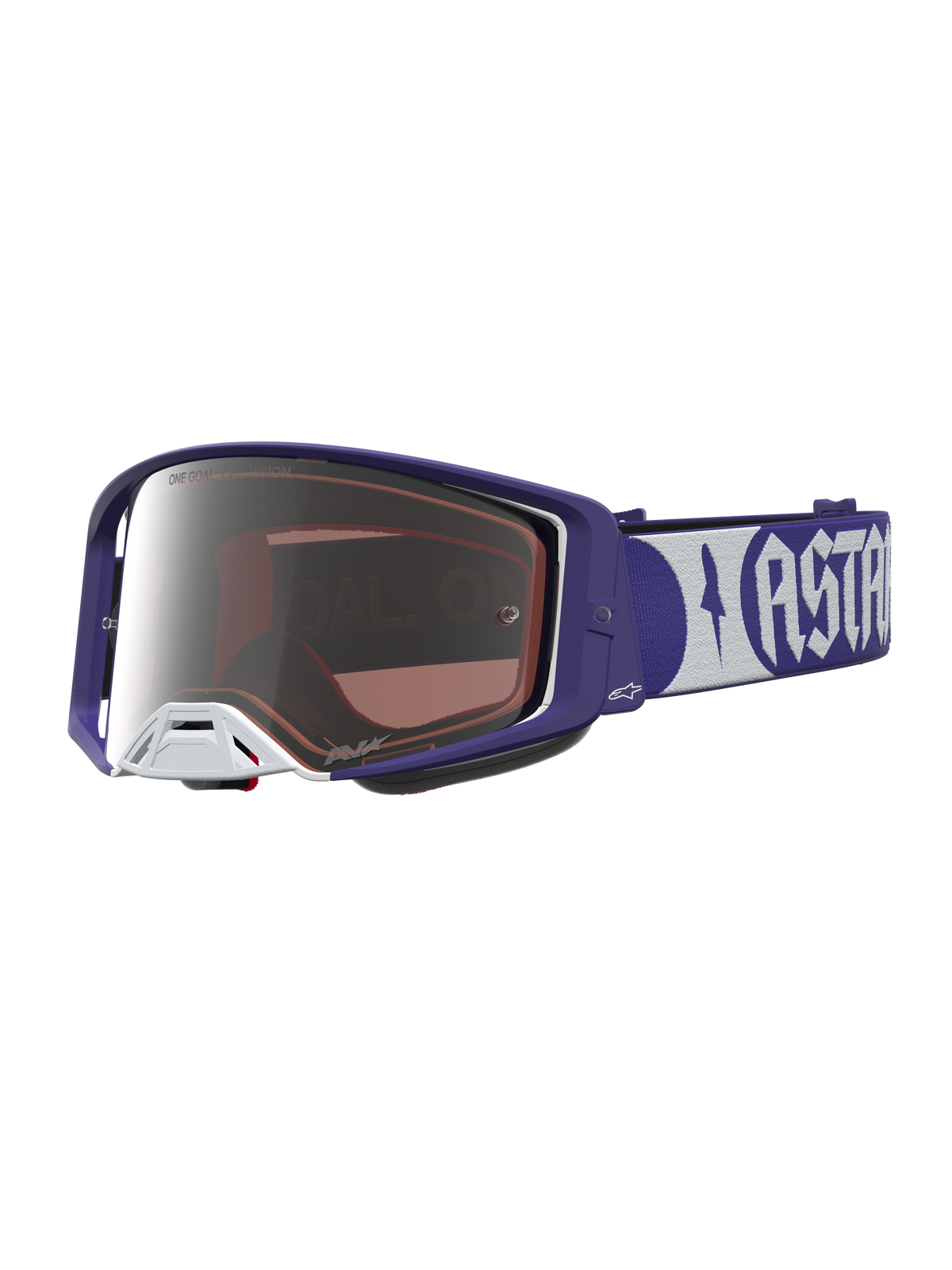 Alpinestars Supertech Atrox veiligheidsbril voor motorcross, blauw en wit met een zilveren spiegellens.