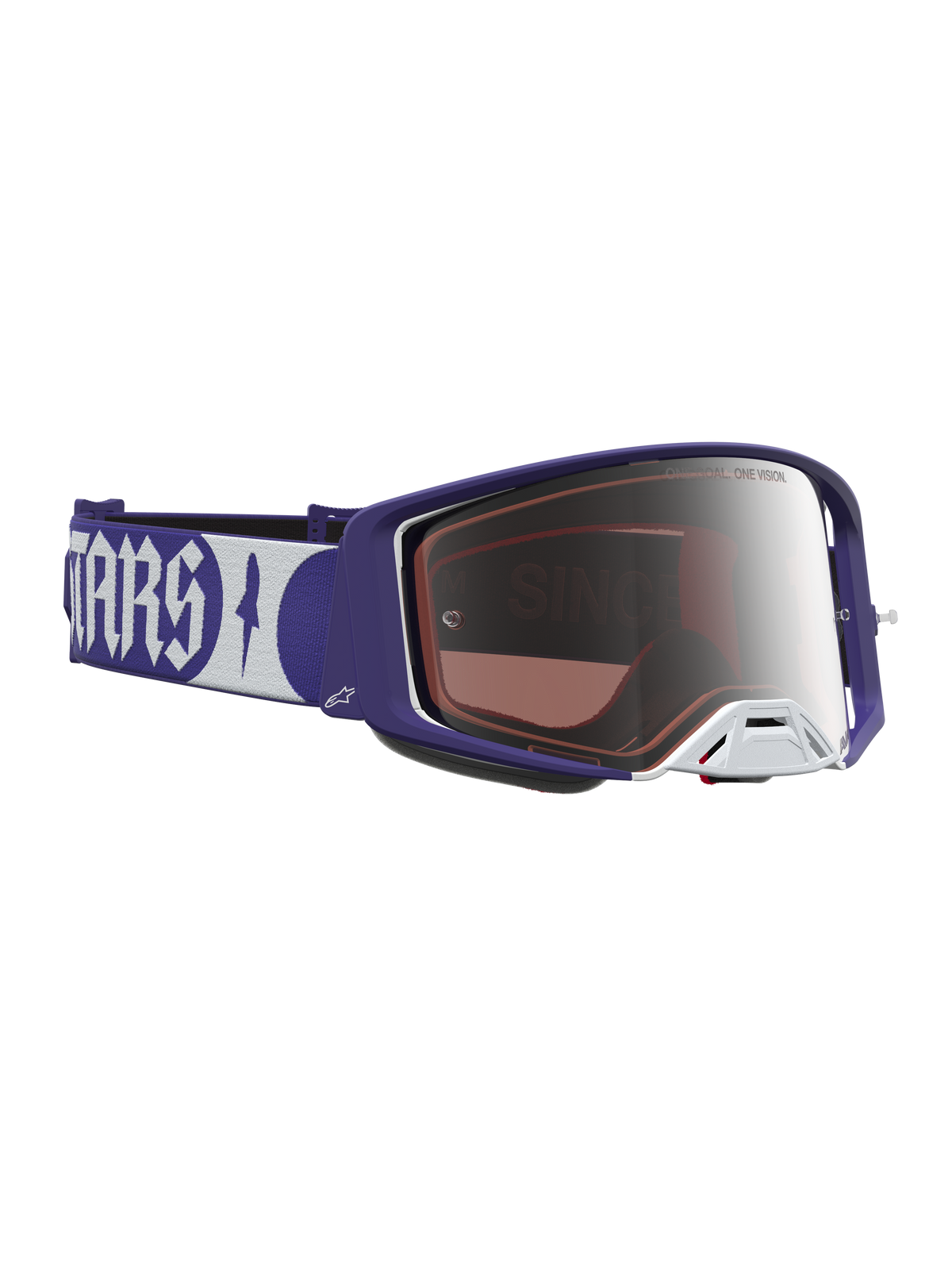 Alpinestars Supertech Atrox veiligheidsbril, motocrossbril voor off-road racing, blauw en wit met zilveren spiegellens.
