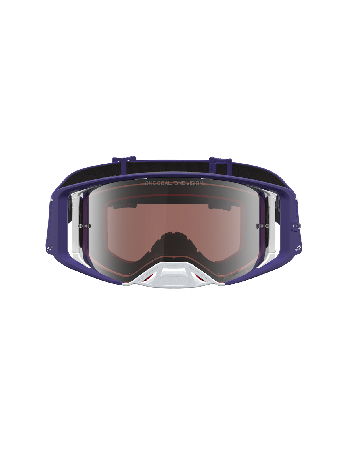 Alpinestars Supertech Atrox veiligheidsbril, motocrossbril, donkerblauw en wit, met spiegelende zilveren lens en race-optiek.