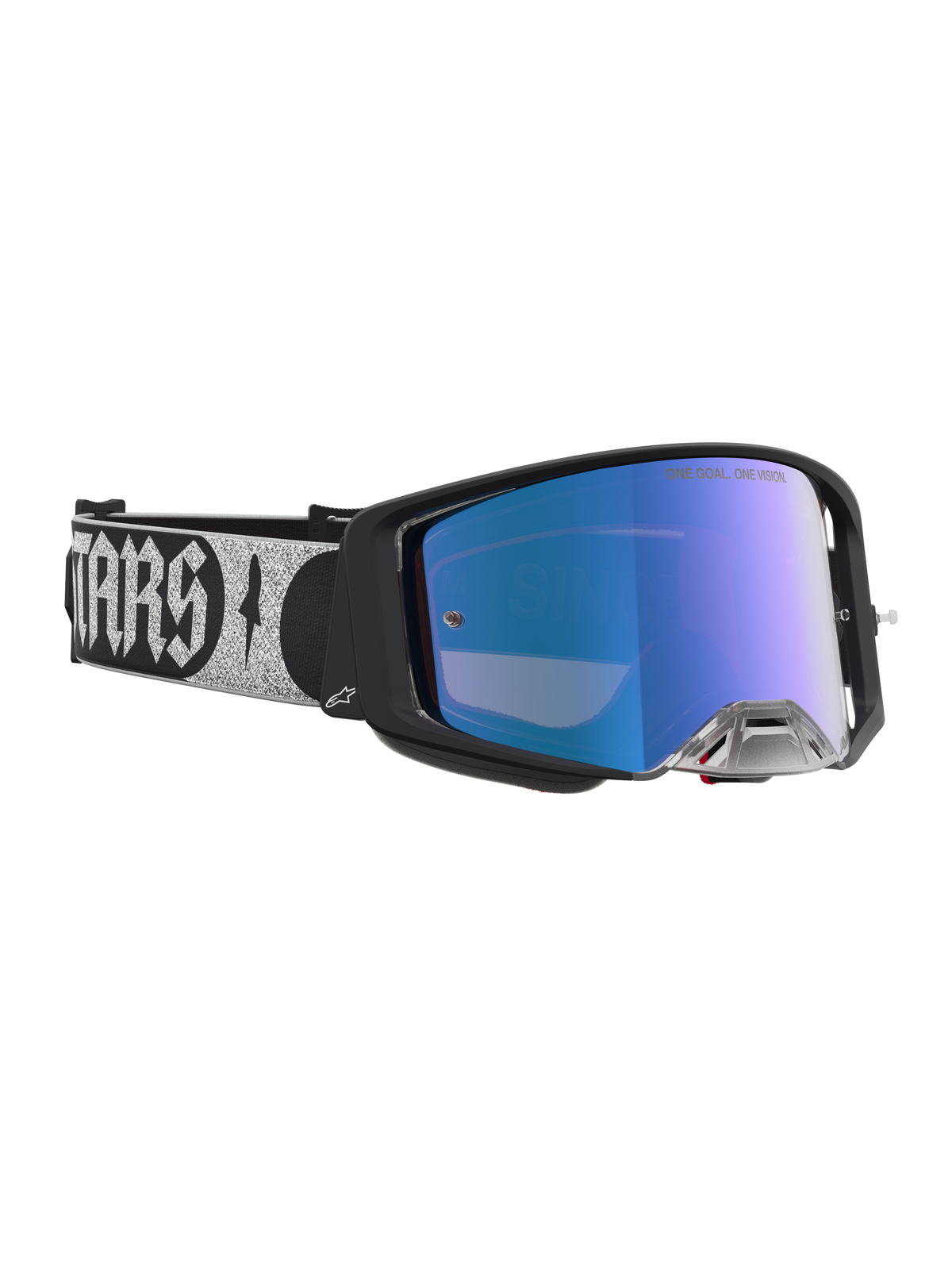 Alpinestars Supertech Atrox Motocross Goggles with a black frame, blue mirrored lens, and wide silver logo adjustable strap.