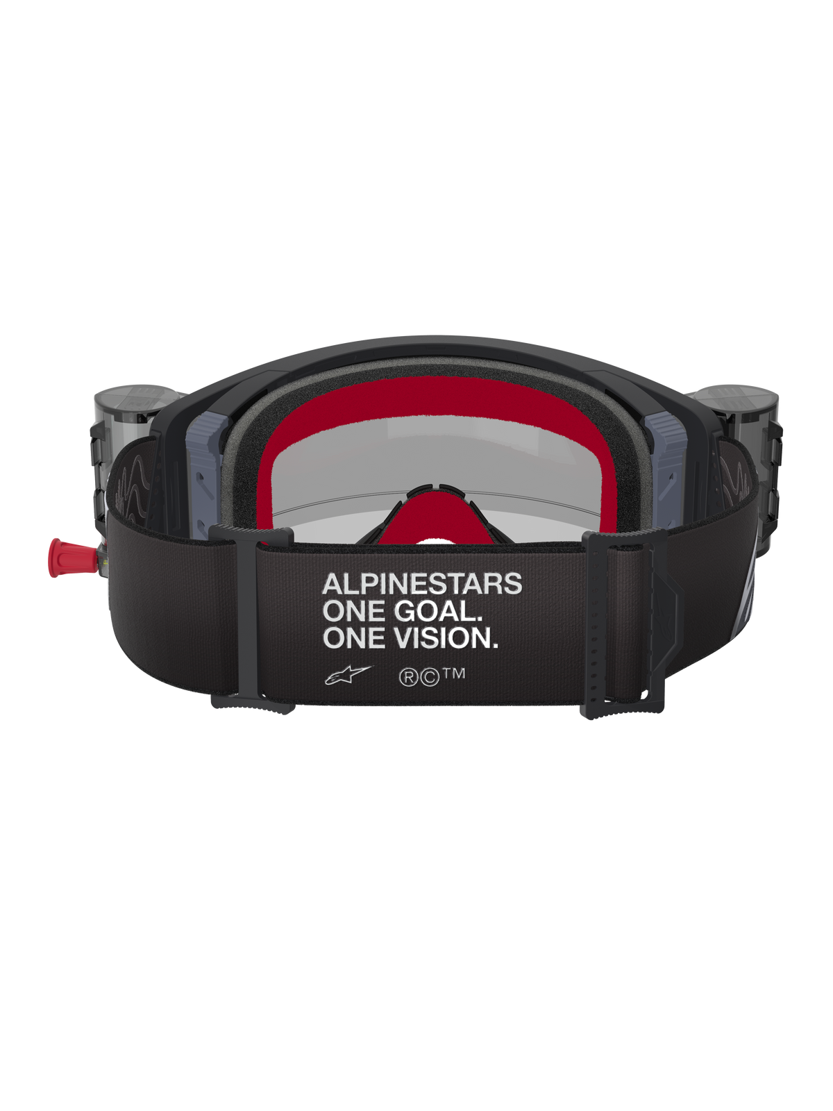 Alpinestars Supertech Corp Roll-Off motorcrossbril, zwart en grijs met rode accenten, achteraanzicht met brede band met witte tekst 'ALPINESTARS ONE GOAL. ONE VISION.', geïntegreerde roll-off canisters aan de zijkanten en rood meerlaags gezichtsschuim, professionele motorcross oogbescherming.