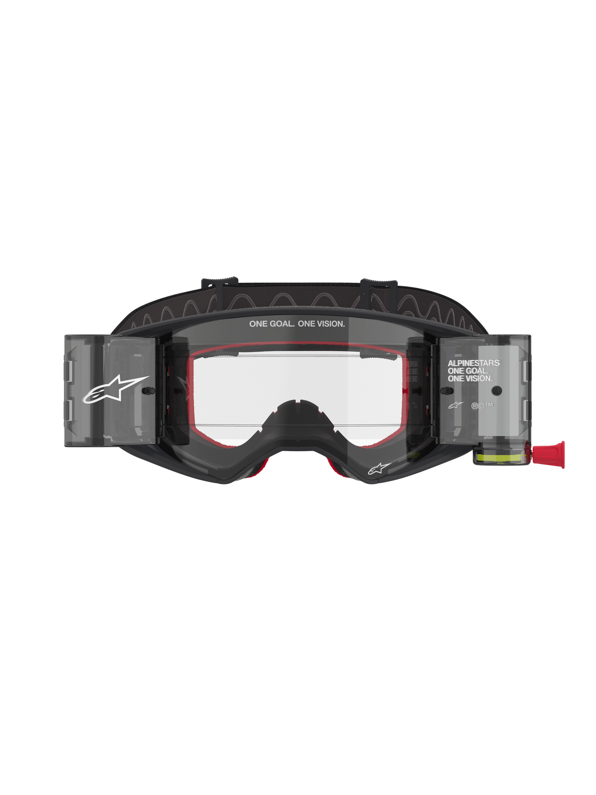 Alpinestars Supertech Corp Roll-Off bril, motorcross- en MTB-bril, zwart en grijs met rood binnenschuim, heldere lens met Wide Vision Roll-Off systeem, "ONE GOAL. ONE VISION." branding, technische off-road oogbescherming met modern hoekig ontwerp