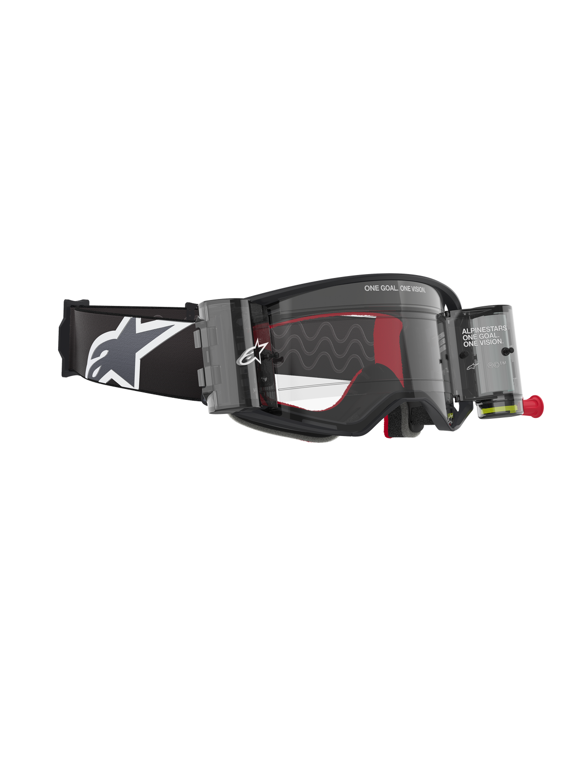 Alpinestars Supertech Corp Goggles Roll Off, motorcrossbril, zwart en grijs, voorzien van een Wide Vision Roll-Off systeem met transparante canisters, een heldere lens met siliconen glijlijnen en een brede zwarte band met het witte Astars-logo, ontworpen voor professionele motocross en off-road racing.