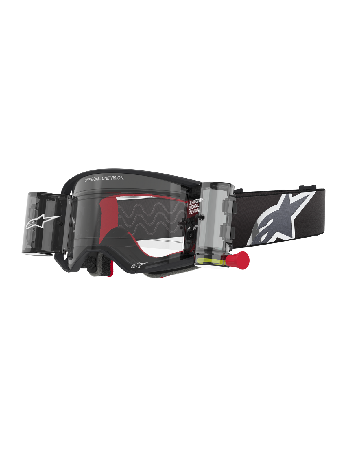 Alpinestars Supertech Corp Goggles Roll Off, zwart frame met heldere lens, voorzien van een Wide Vision Roll-Off systeem en rode trekstrip, zwarte band met een groot grijs en wit Alpinestars-logo, technische motorcrossbril met 'One Goal. One Vision.' branding.
