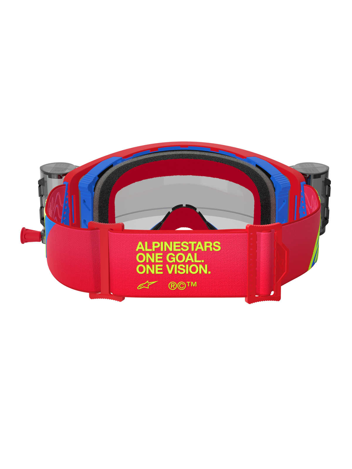 Alpinestars Supertech Corp Goggles, rote und blaue Motocross-Brille, Rückansicht mit rotem verstellbarem Band, gelbem „ALPINESTARS ONE GOAL. ONE VISION.“-Branding, integrierten Roll-off-Behältern und schwarzem mehrlagigem Gesichtsschaum.