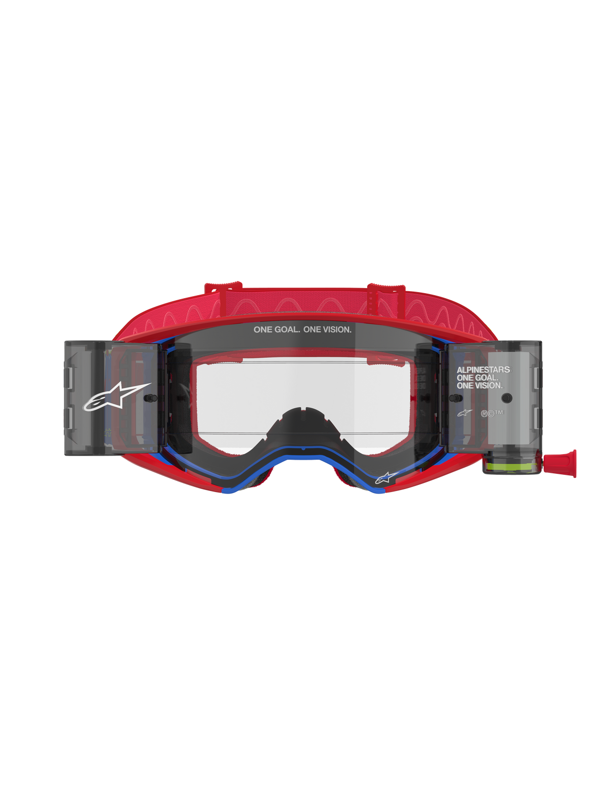 Alpinestars Supertech Corp Roll-Off Brille, Motocross-Brille, Rot und Blau, klare spritzgegossene Linse mit integrierten Roll-Off-Behältern und Film, rotes gemustertes Band, professioneller Augenschutz für Offroad-Rennsport