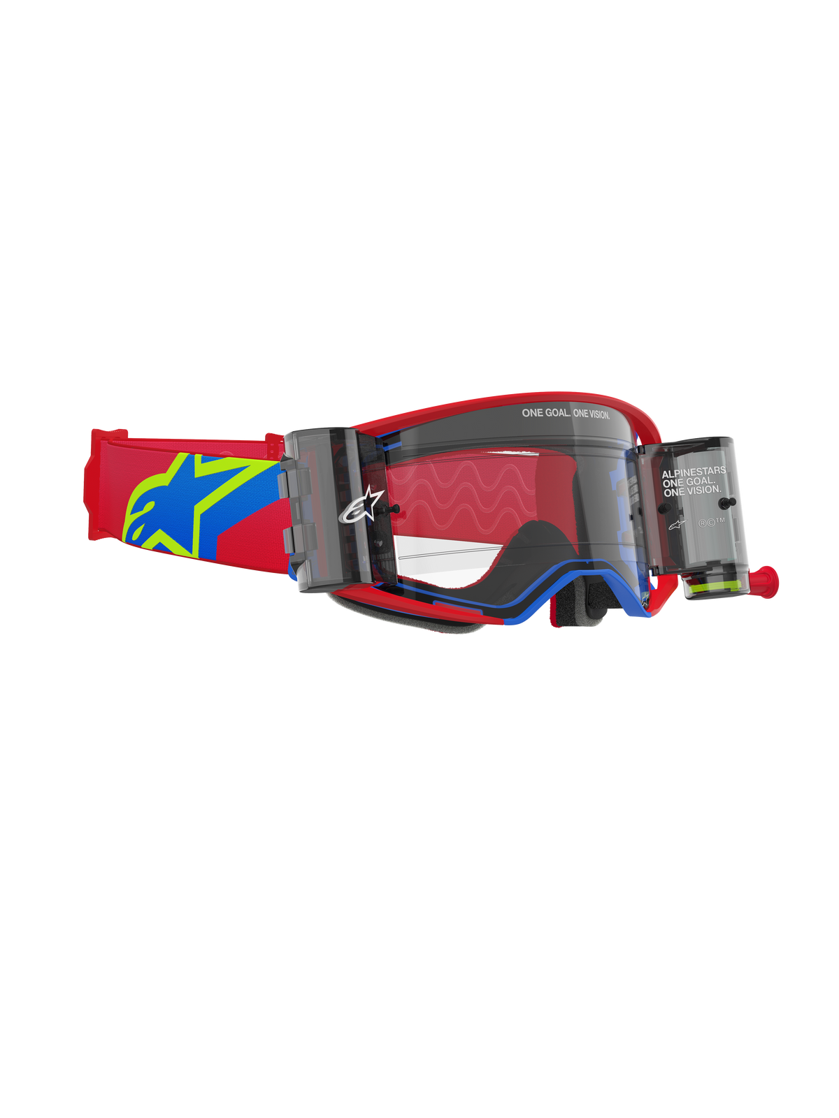 Alpinestars Supertech Corp Roll-Off Brille, Motocross-Brille, rot-blauer Rahmen mit klarer Linse, integriertes Wide Vision Roll-Off-System mit zwei Kanistern, verstellbares rotes Band mit blau-gelbem Stern-Logo, professioneller Augenschutz für den Offroad-Rennsport.
