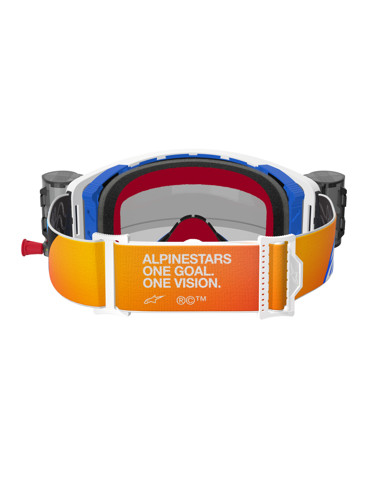 Alpinestars Supertech Corp Roll-Off-Schutzbrille, Rückansicht, orange-gelber Riemen mit Farbverlauf und weißem „Alpinestars One Goal. One Vision.“ Schriftzug, blaue und weiße Rahmenelemente, schwarzer 3D-geformter Gesichtsschaum, integrierte Roll-Off-System-Behälter an den Seiten sichtbar