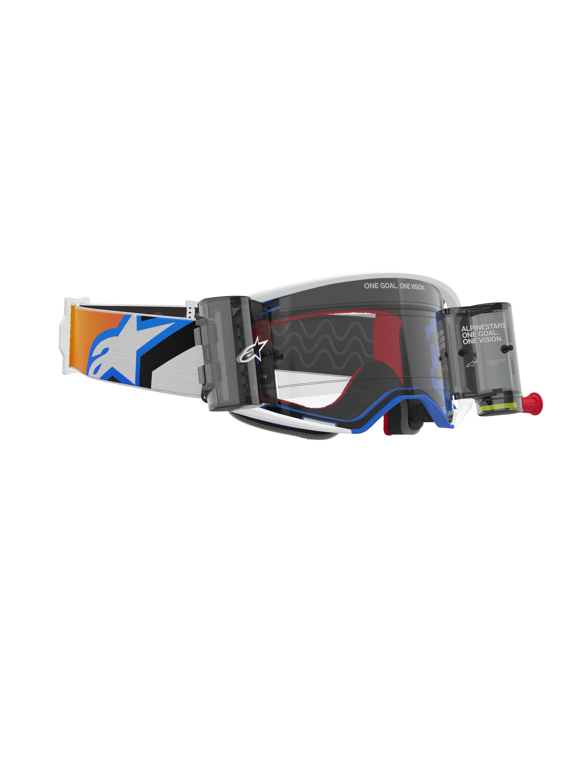 Alpinestars Supertech Corp Roll-Off-Schutzbrille, Farbkombination in Blau und Orange, klares spritzgegossenes Glas mit Wide Vision Roll-Off-System, wellenförmige Silikon-Gleitlinien, verstellbares elastisches Band mit markantem Alpinestars-Logo, Hochleistungs-Motocross-Brille