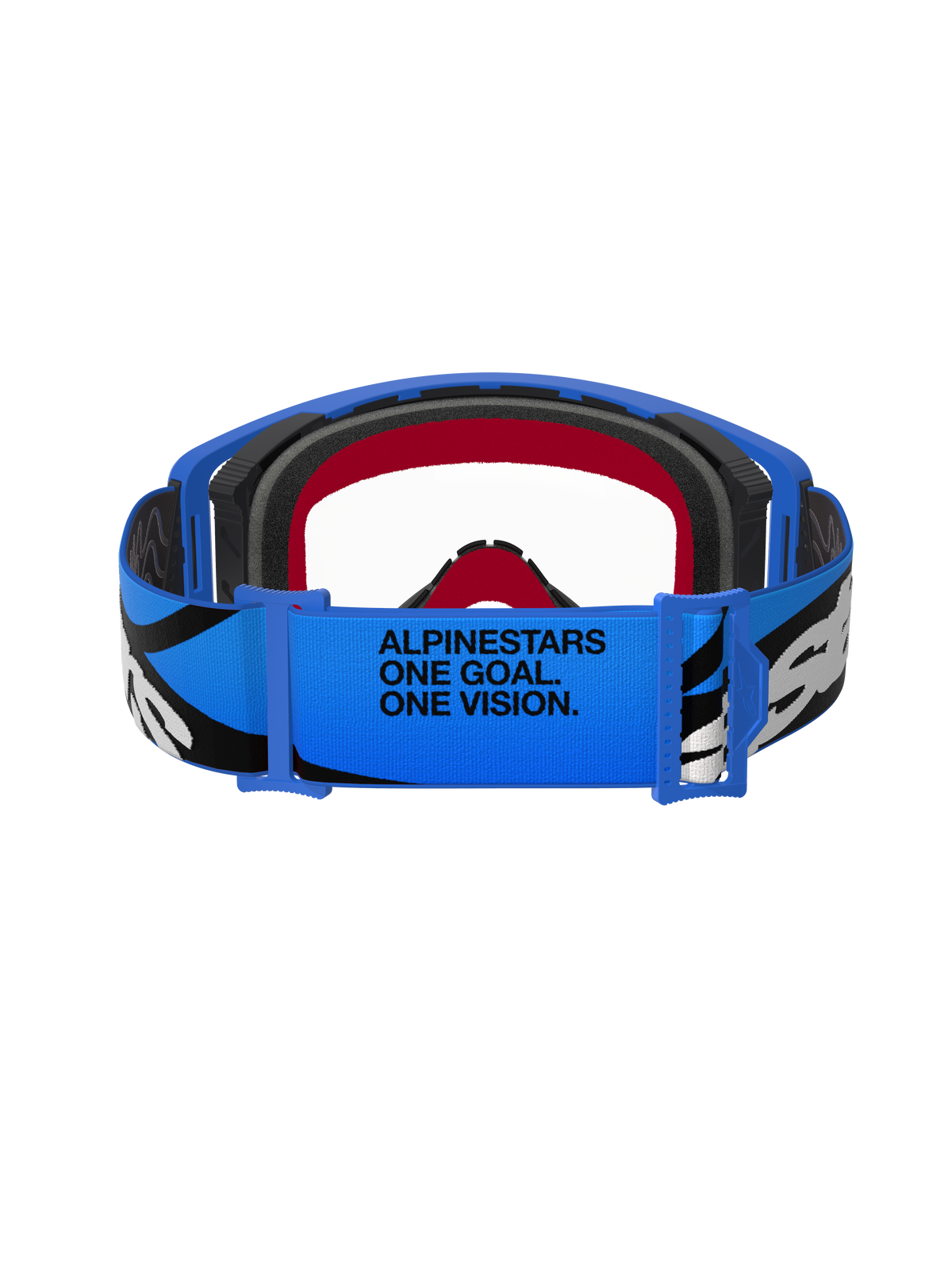 Alpinestars Supertech Stream Goggles, Motocross-Brille, Blau und Transparent, Rückansicht des blauen Brillenbands mit „ALPINESTARS ONE GOAL. ONE VISION.“ Text, schwarz-weißen Grafiken und rot-schwarzer Schaumstoffpolsterung
