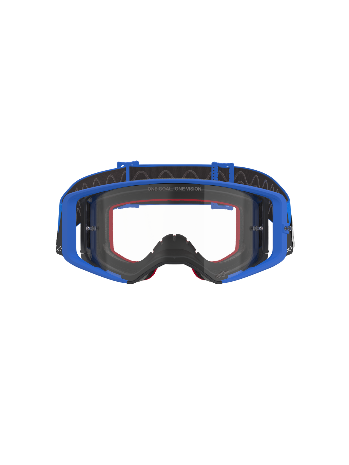 Alpinestars Supertech Stream Goggles, Motocross- und Off-Road-Schutzbrille, Blau mit klarer Scheibe, blauer Rahmen, rote Schaumstoffpolsterung, schwarzes verstellbares Band mit Silikon-Grip, „ONE GOAL. ONE VISION.“-Branding auf der Scheibe, hochwertige Schutzbrille für den Rennsport.