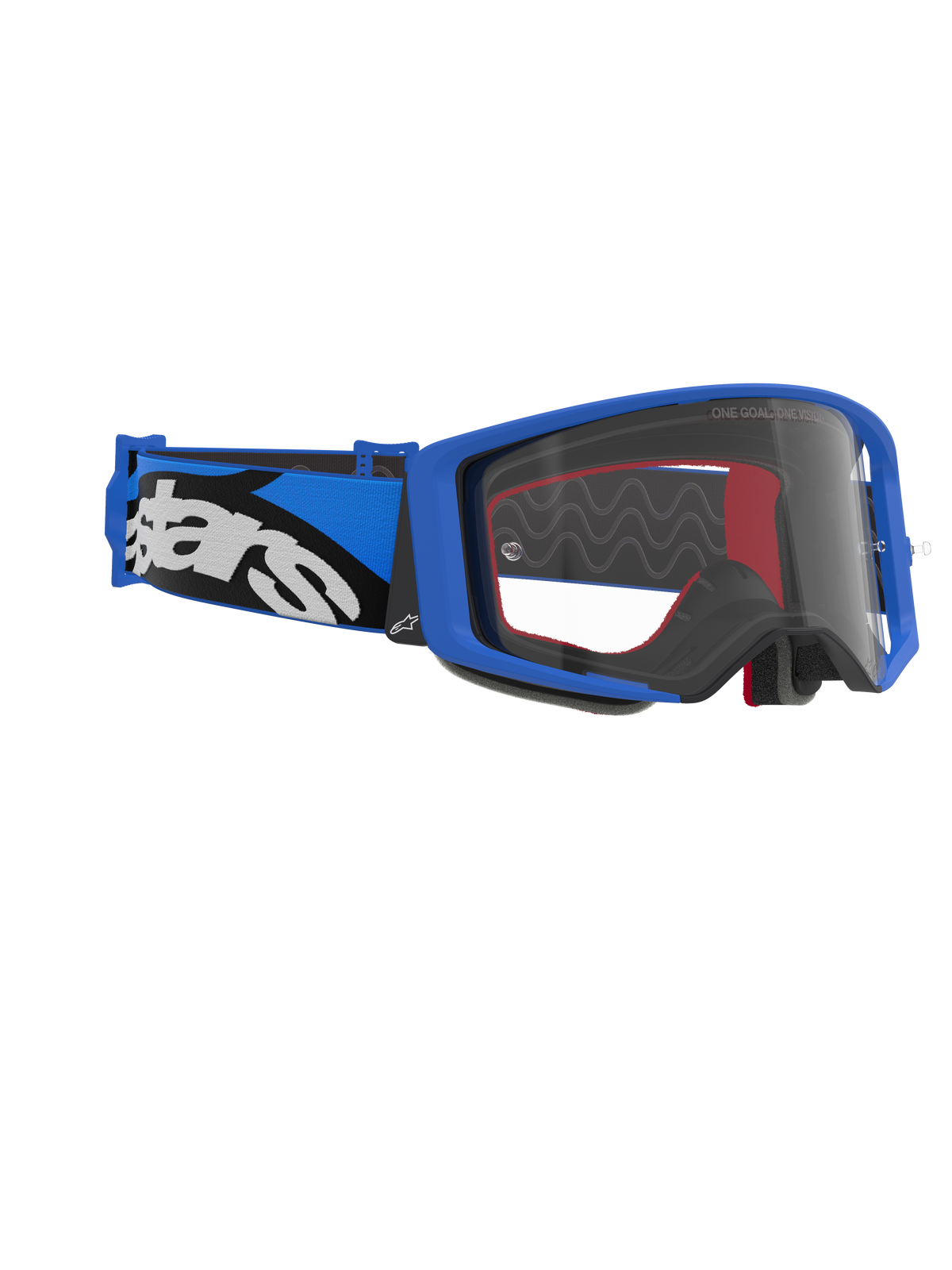 Alpinestars Supertech Stream Goggles, Motocross-Brille, blauer Rahmen und klare Sichtscheibe, blau-schwarzes Band mit weißem Alpinestars-Logo, Hochleistungs-Augenschutz für den Rennsport
