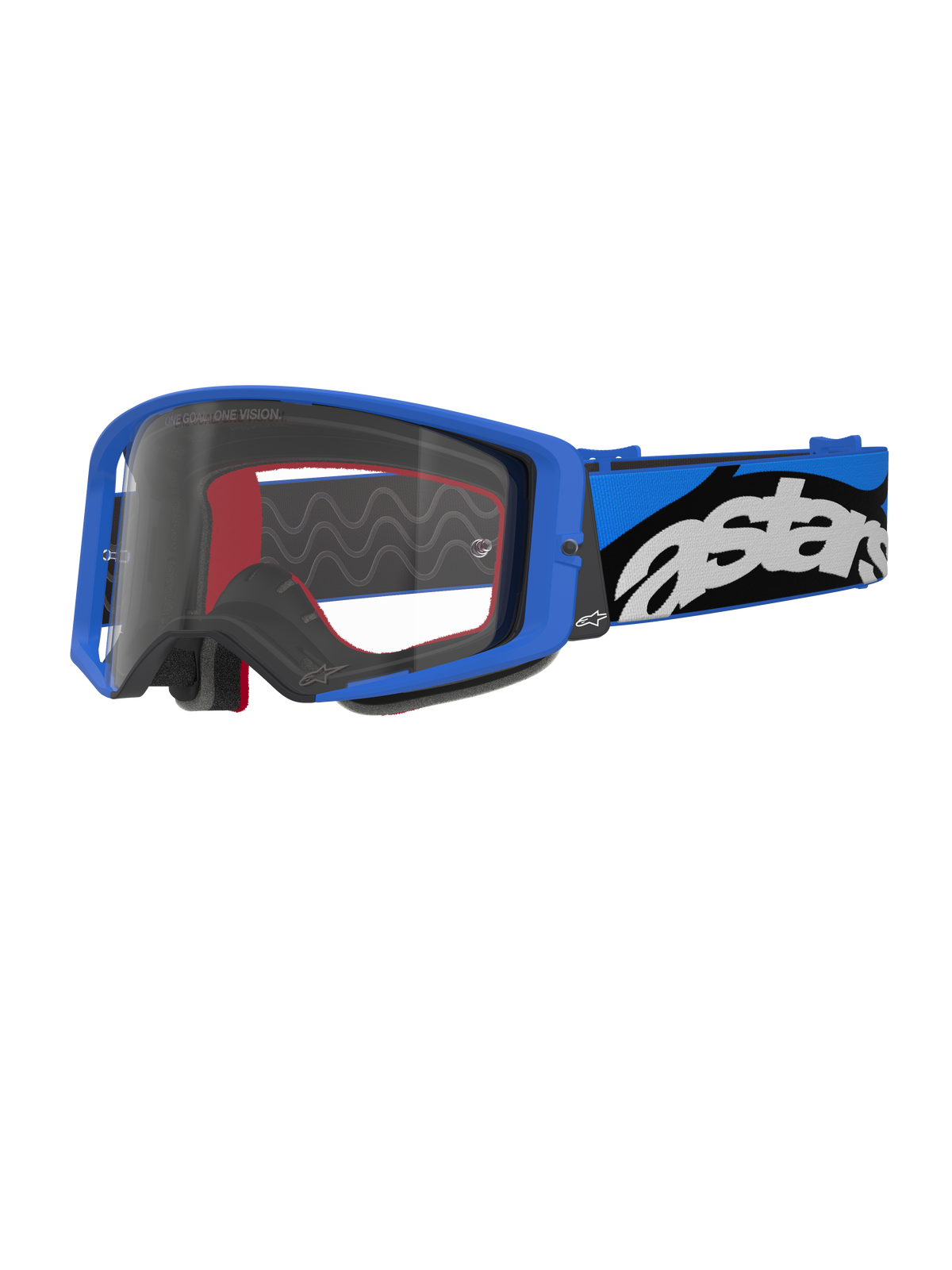Alpinestars Supertech Stream Goggles, Motocross-Brille, Blau und Transparent, leuchtend blauer Rahmen mit klarer Sichtscheibe, breites verstellbares Band in Blau und Schwarz mit markantem weißen „astars“-Logo, rote Akzente am Innenschaum, professionelle Ausrüstung für Offroad- und Motocross-Rennen