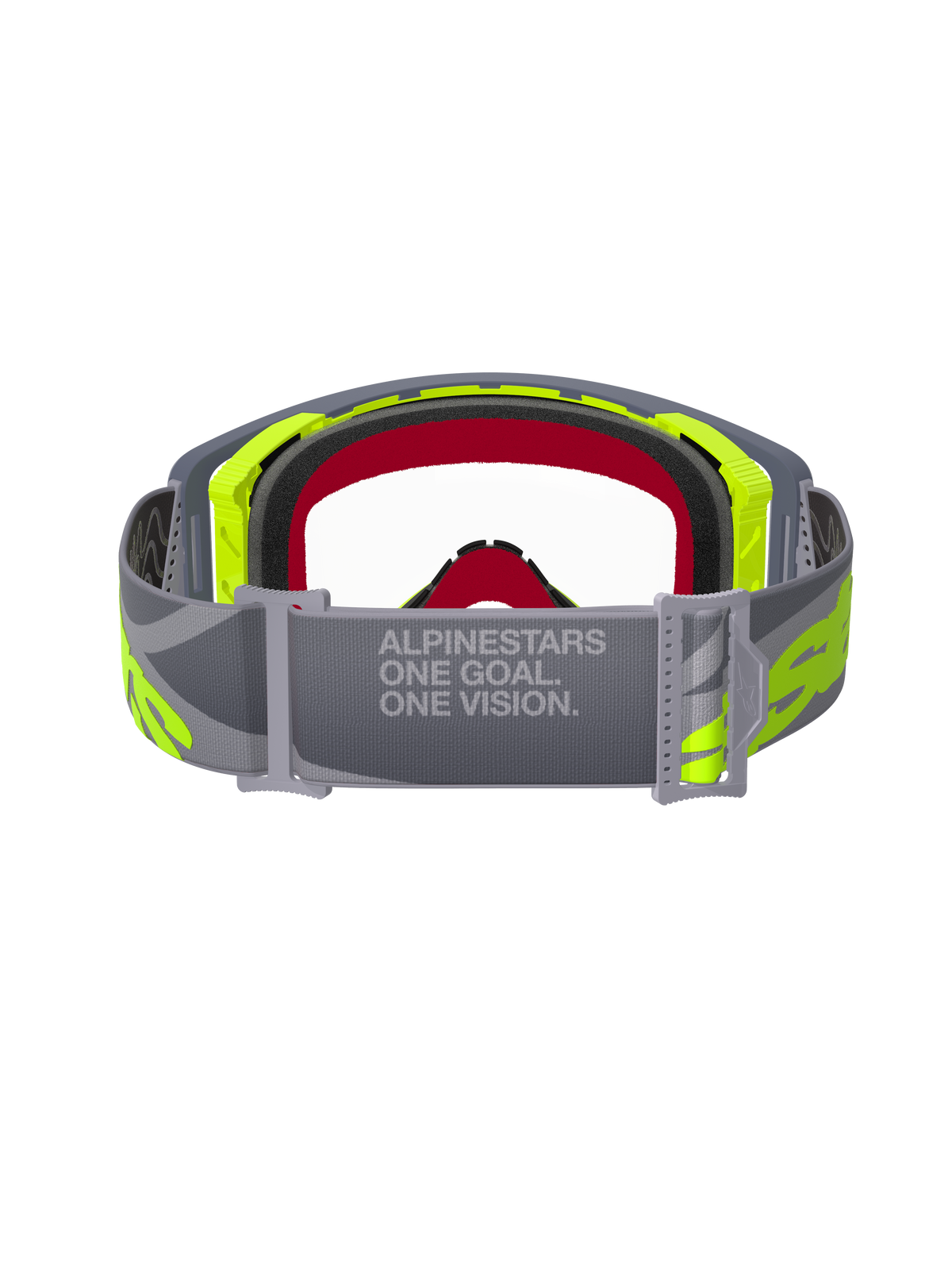 Alpinestars Supertech Stream Goggles, Motocross-Brille, Grau und Fluo-Gelb, Rückansicht mit verstellbarem grauem Band und dem Text „ONE GOAL. ONE VISION.“, klare Sichtscheibe und mehrlagiger Gesichtsschaumstoff, professionelle Offroad-Rennausrüstung