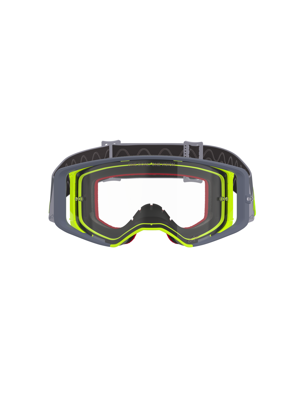 Alpinestars Supertech Stream Goggles, Motocross-Brille, grauer und neongelber Rahmen mit klarer Scheibe, Frontansicht mit weitem Sichtfeld und technischer Rahmenkonstruktion, Augenschutz für Offroad-Rennsport