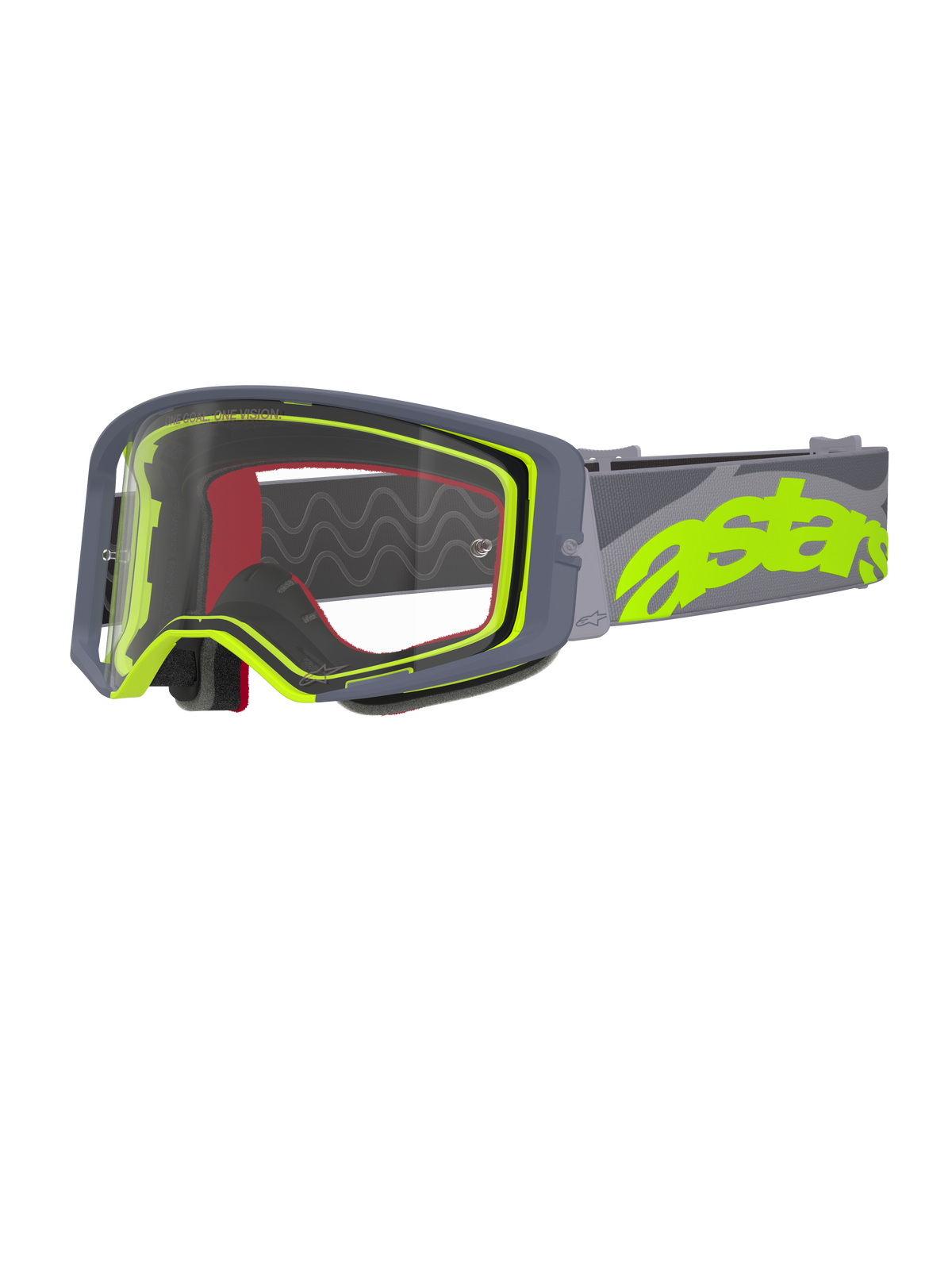 Alpinestars Supertech Stream Goggles, Motocross-Brille, Grau und Neongelb, klare Sichtscheibe mit grauem Rahmen, roter Innenschaum, breites graues Band mit auffälligem neongelbem Astars-Branding, professionelle Offroad-Rennbrille