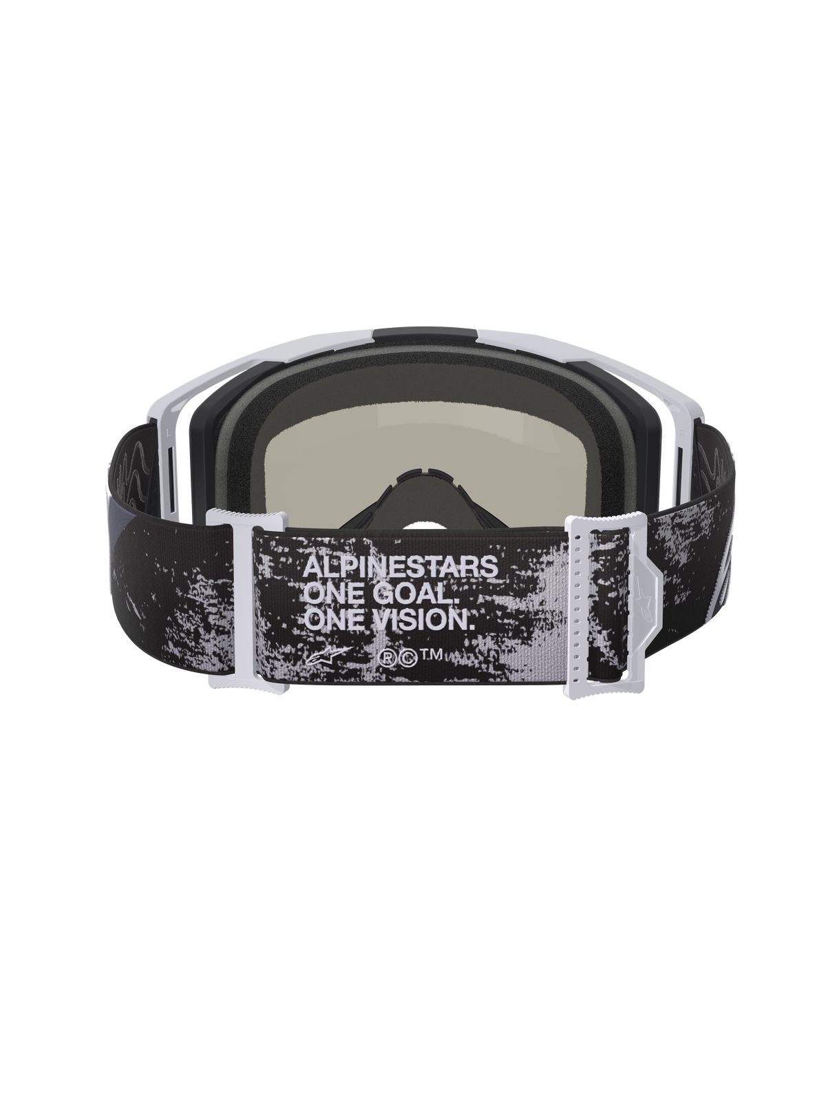 Alpinestars Vision 8 Lahnd Goggles, motorcrossbril, Iron Camo en Mirror Silver, achteraanzicht met verstelbare band met de tekst 'ONE GOAL. ONE VISION.', camouflagepatroon met witte en grijze frame-accenten